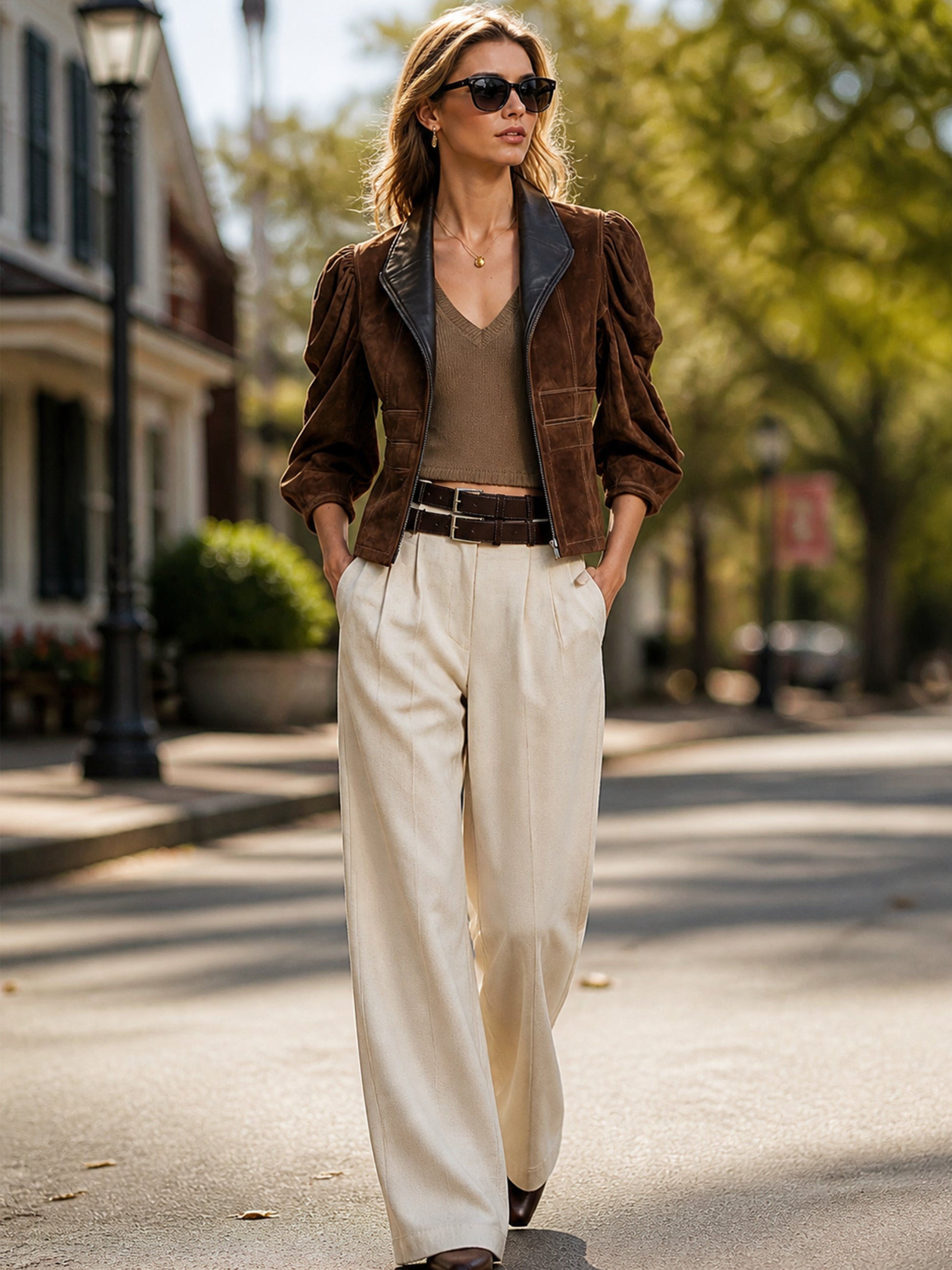 Suede Leather Lapel Zip‑Front Jacket