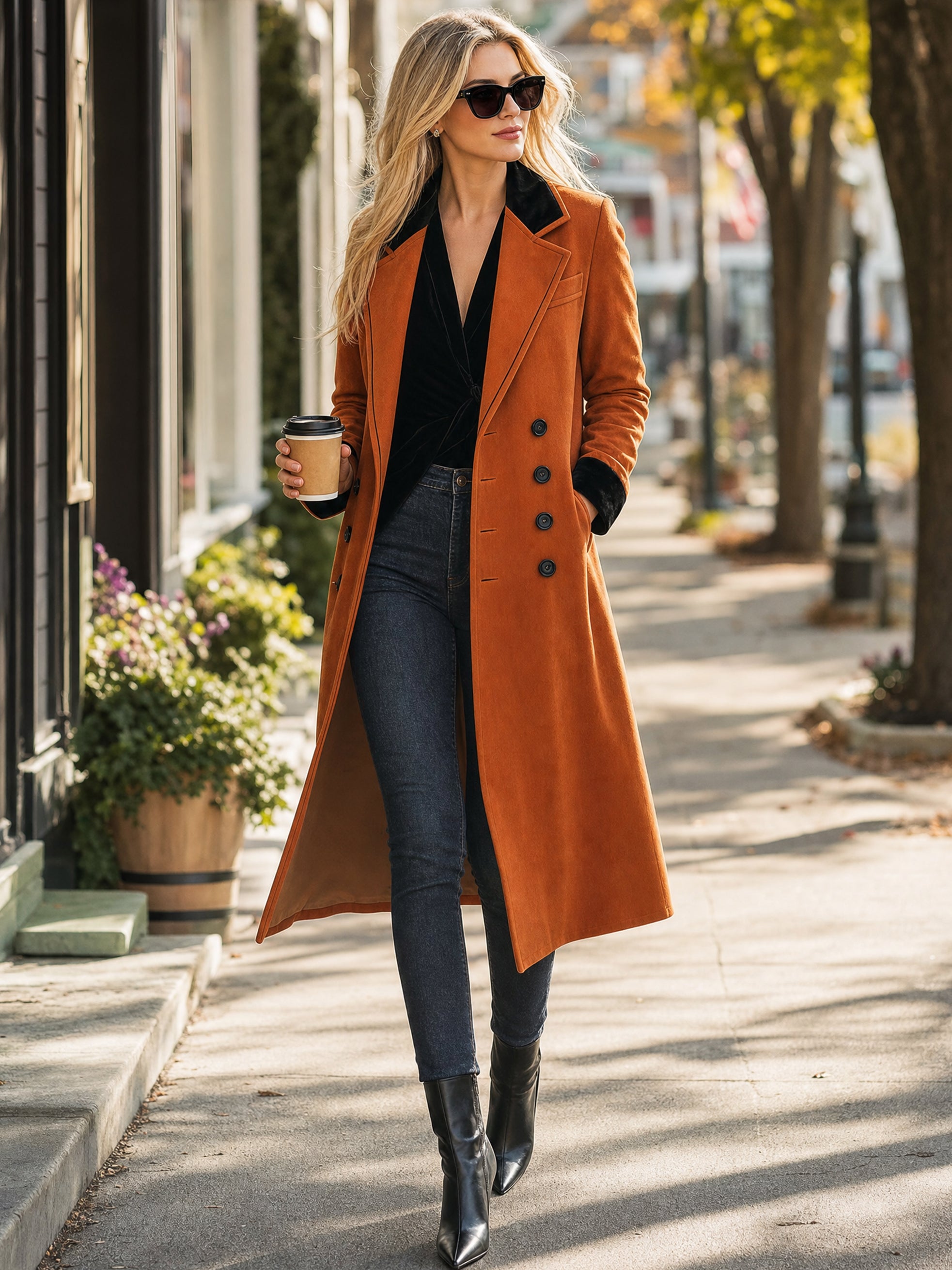 Suede‑Effect Long Coat Overcoat