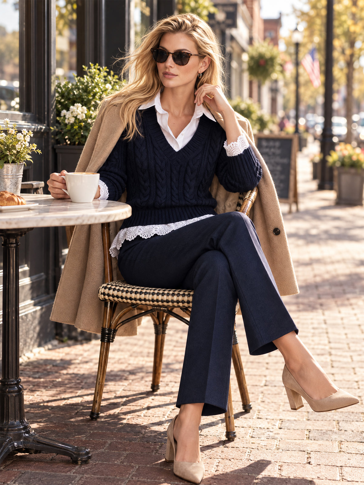 Layered-Look Cable Knit V-Neck Sweater with Lace Trim