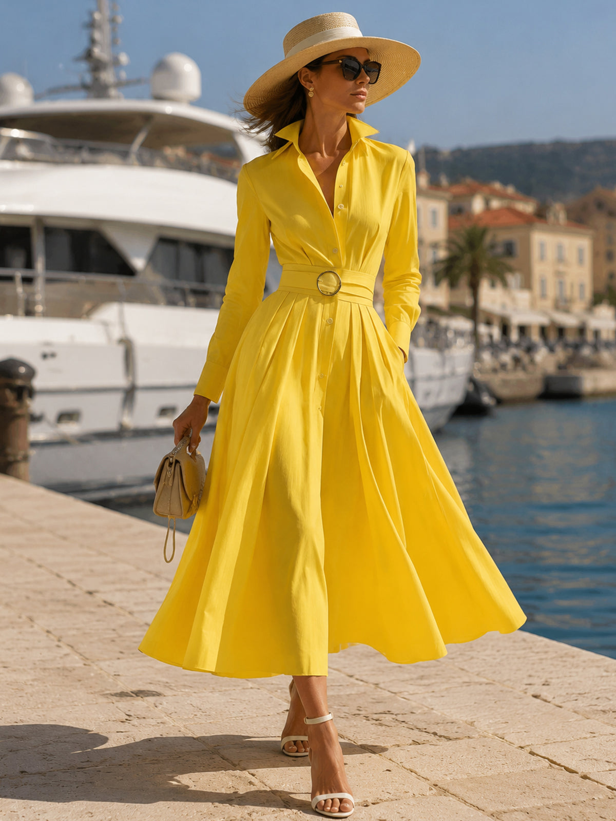 Sunflower Yellow Long Sleeve Belted Shirt Midi Dress