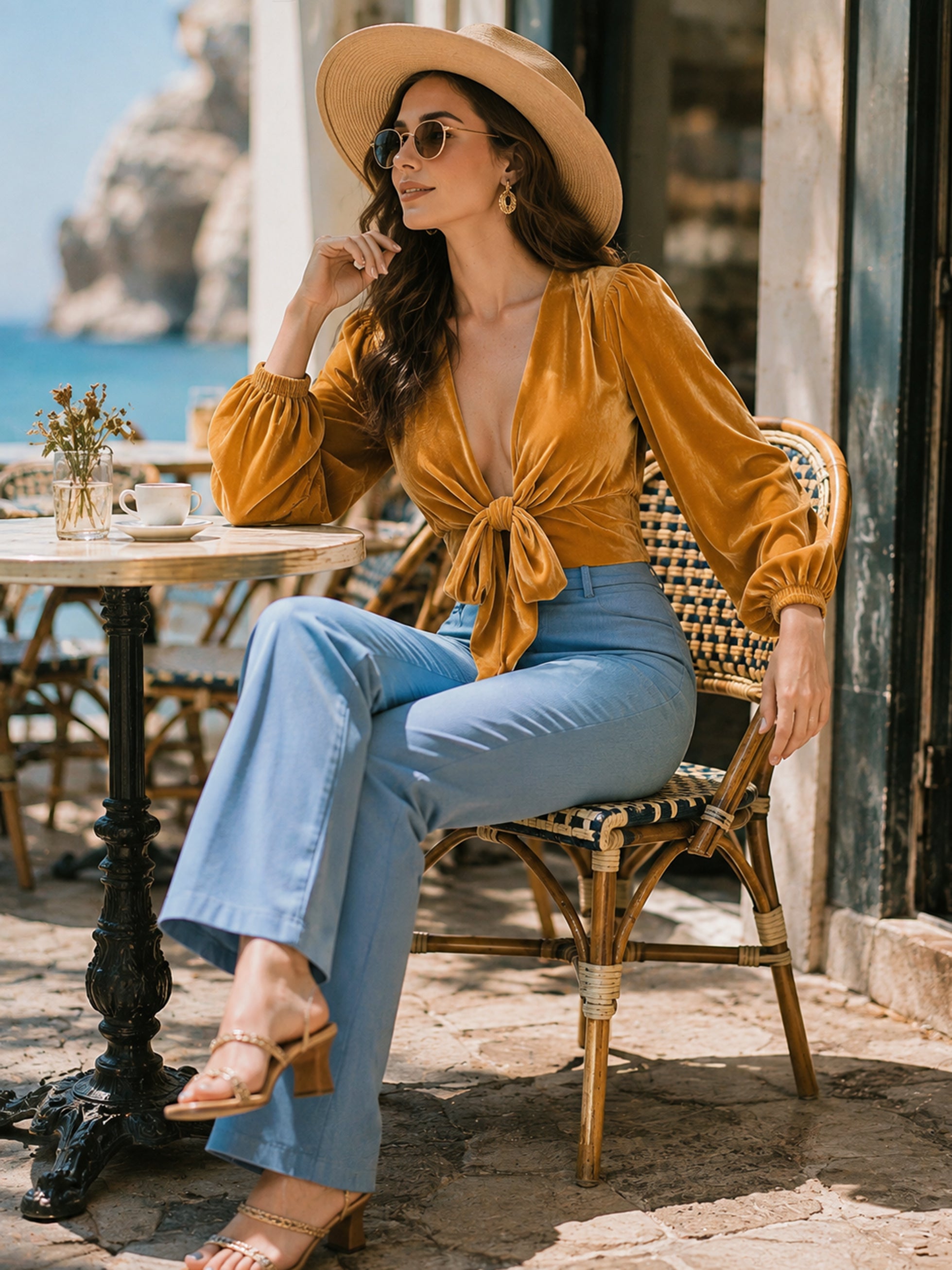 Elegant Velvet Puff Long Sleeve Tie Front Cropped Blouse