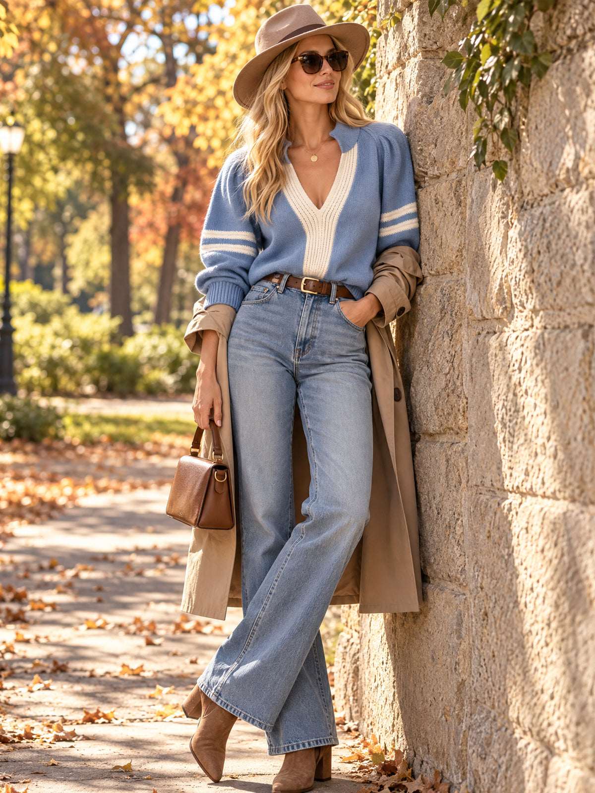 Dusty Blue Contrast Panel Knit Polo Sweater