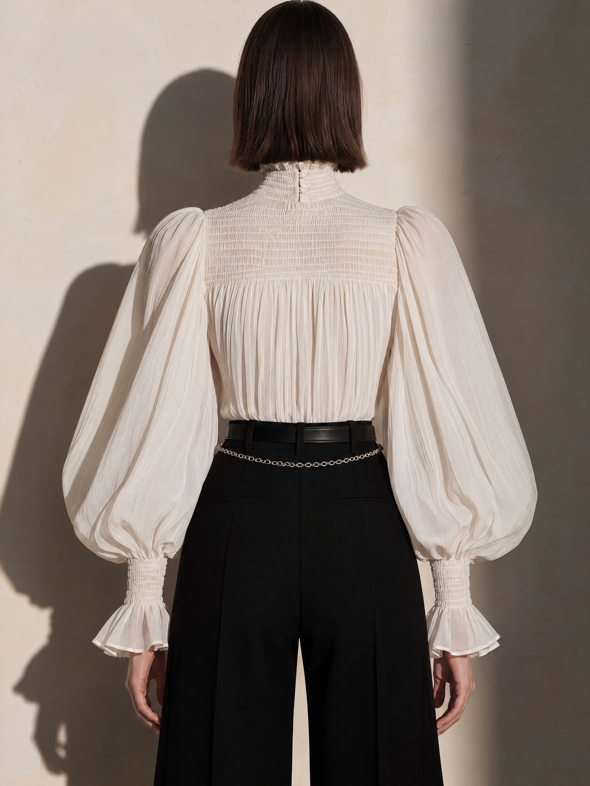 Ivory Smocked Ruffle High Neck Balloon Sleeve Blouse