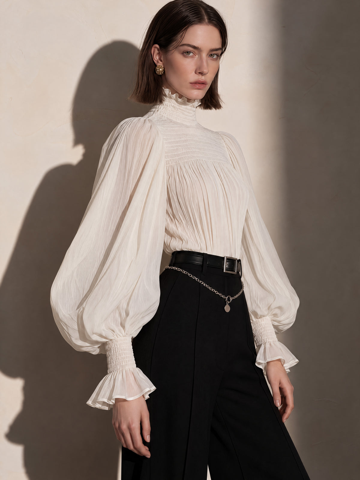 Ivory Smocked Ruffle High Neck Balloon Sleeve Blouse