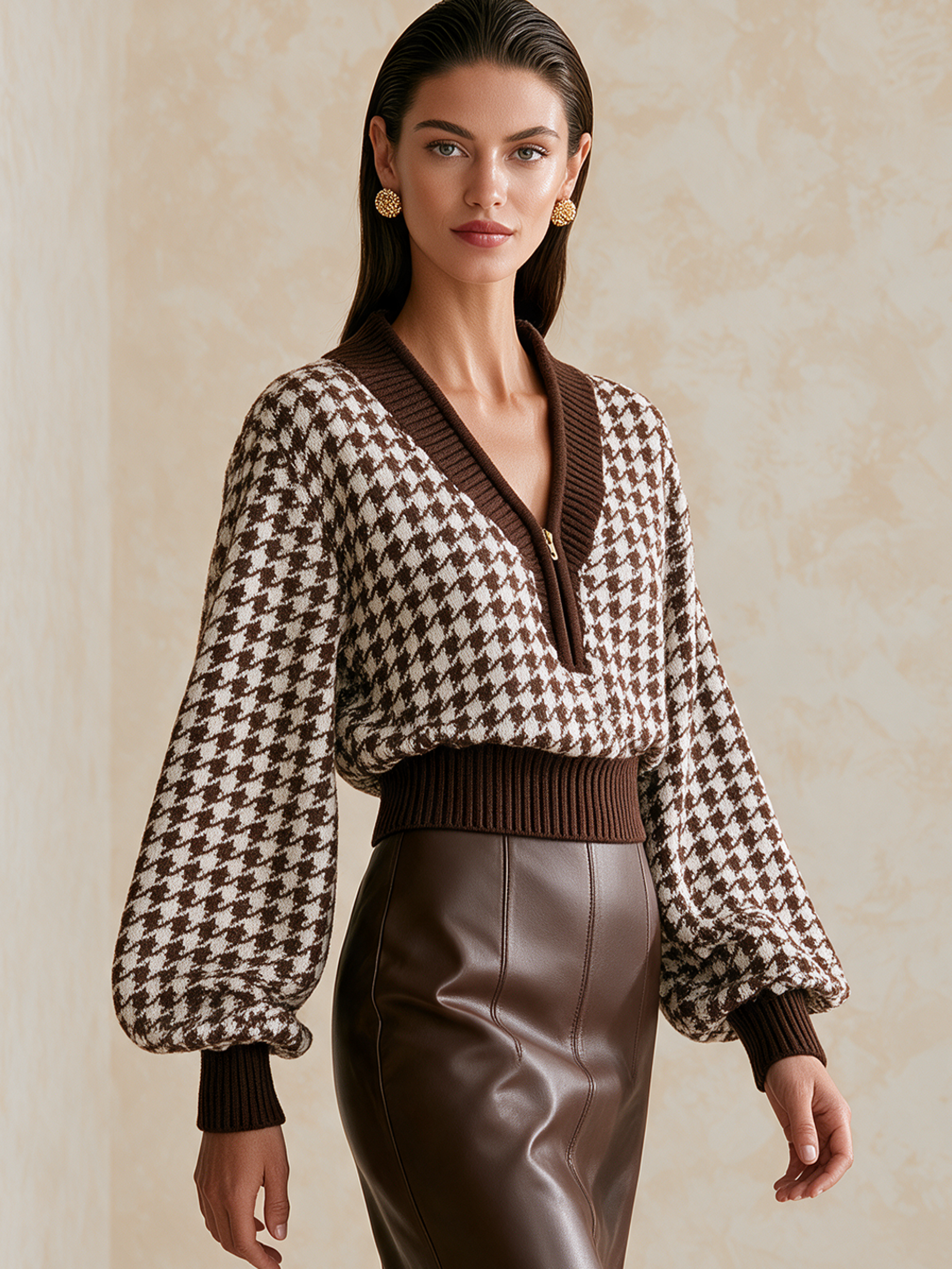 Brown‑White Houndstooth Half‑Zip V‑Neck Lantern‑Sleeve Sweater