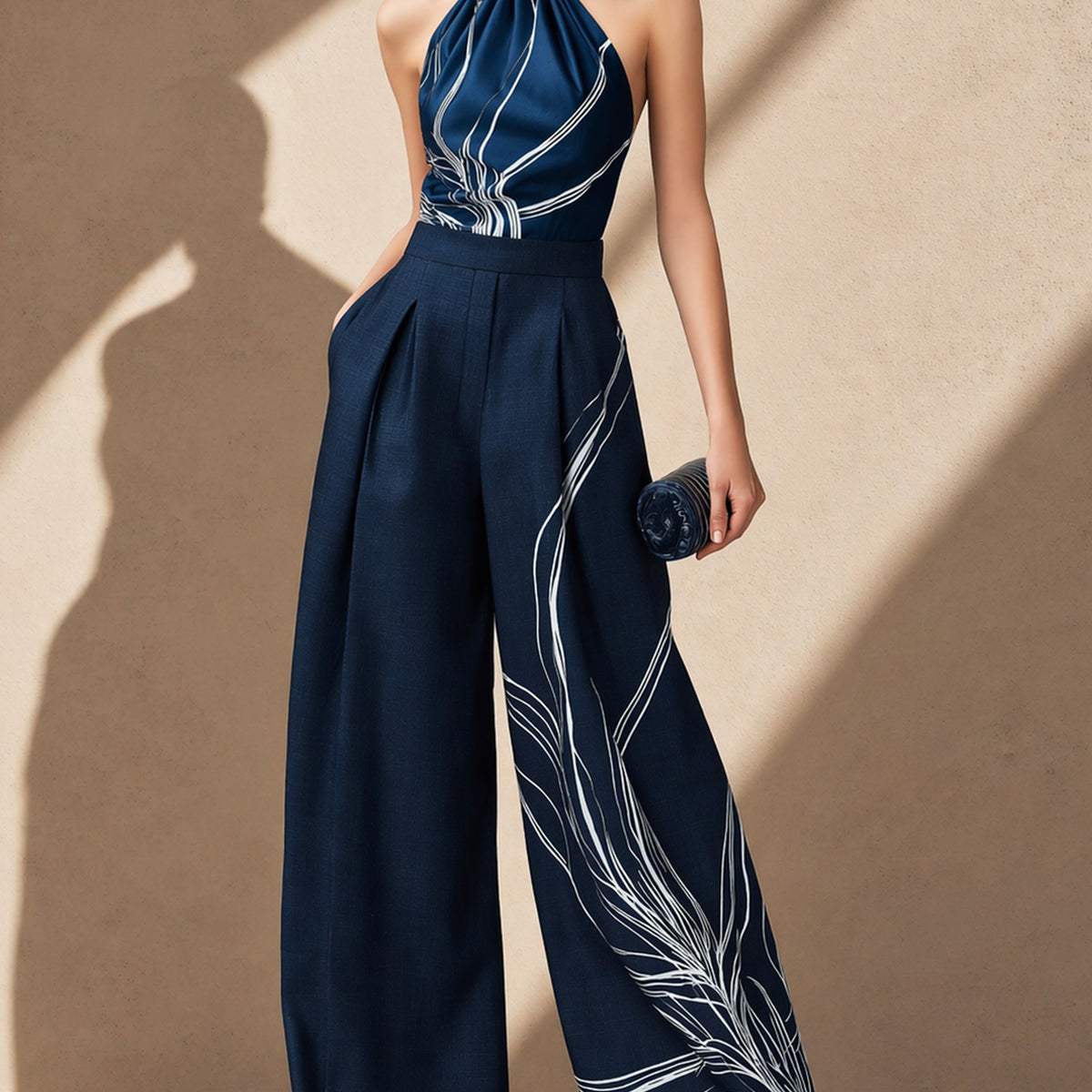 Liserie Satin Halter Blouse & Linen Wide Leg Trousers Set