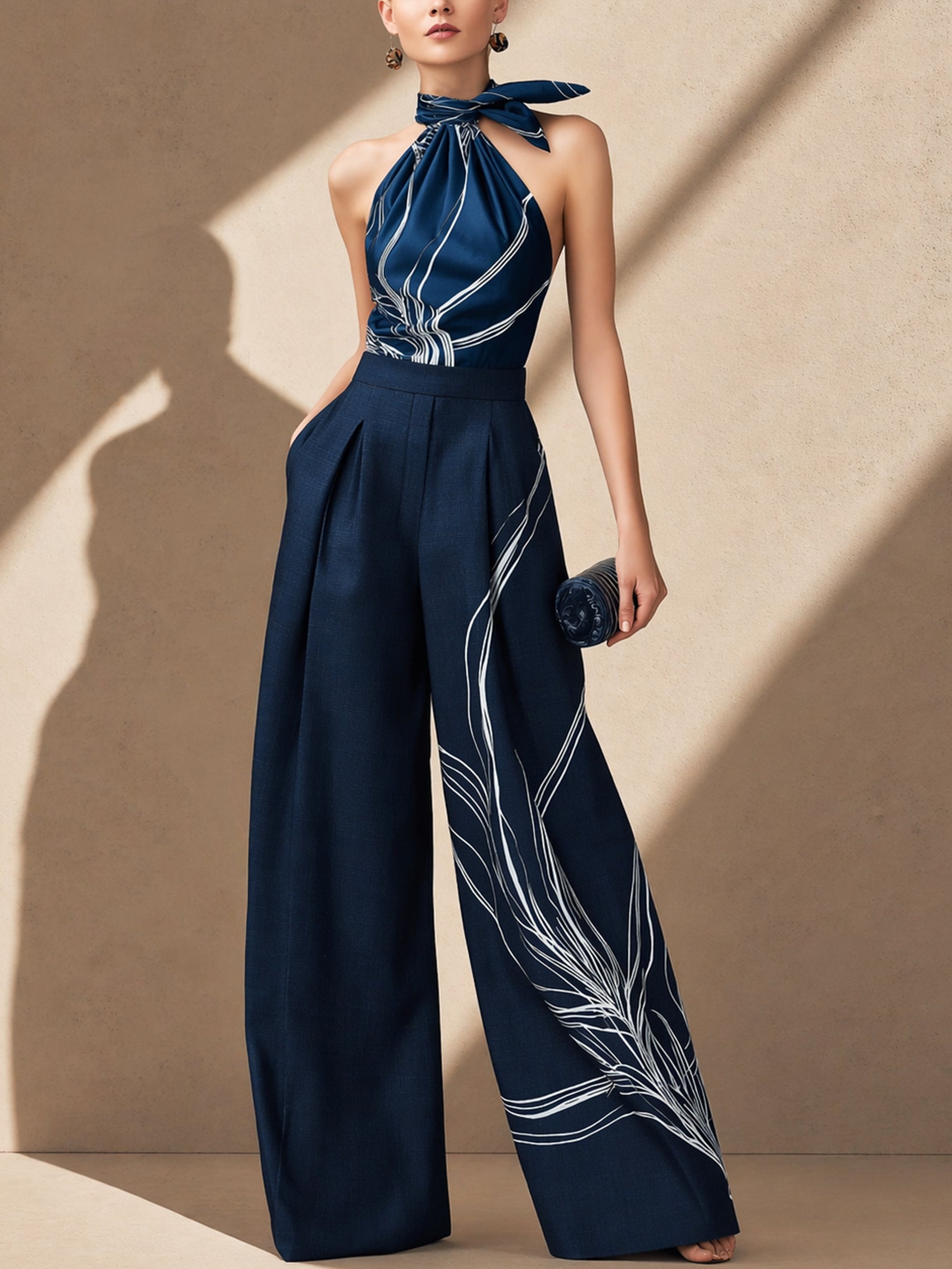 Liserie Satin Halter Blouse & Linen Wide Leg Trousers Set