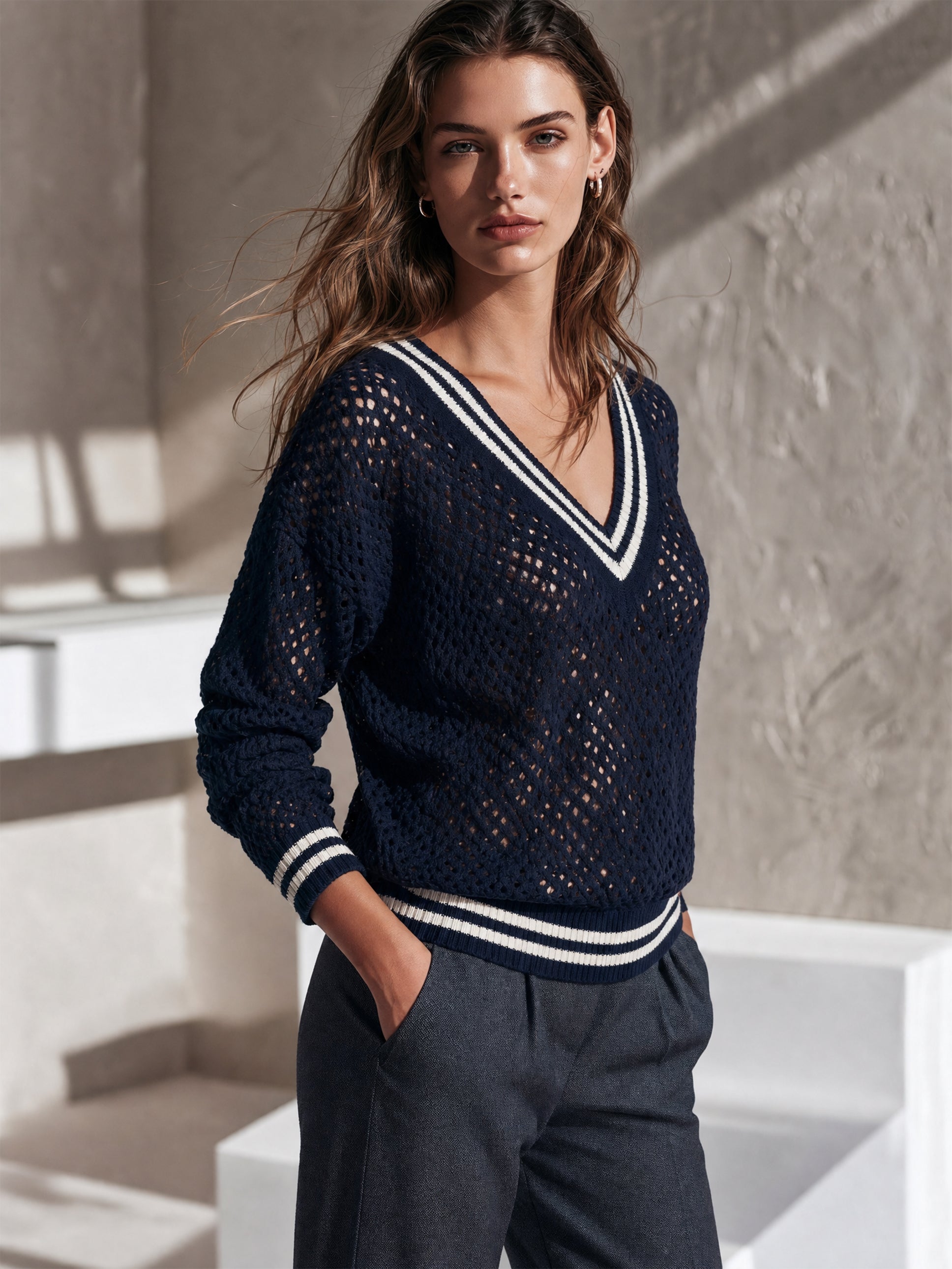 Open‑Stitch V‑Neck Knit Pullover