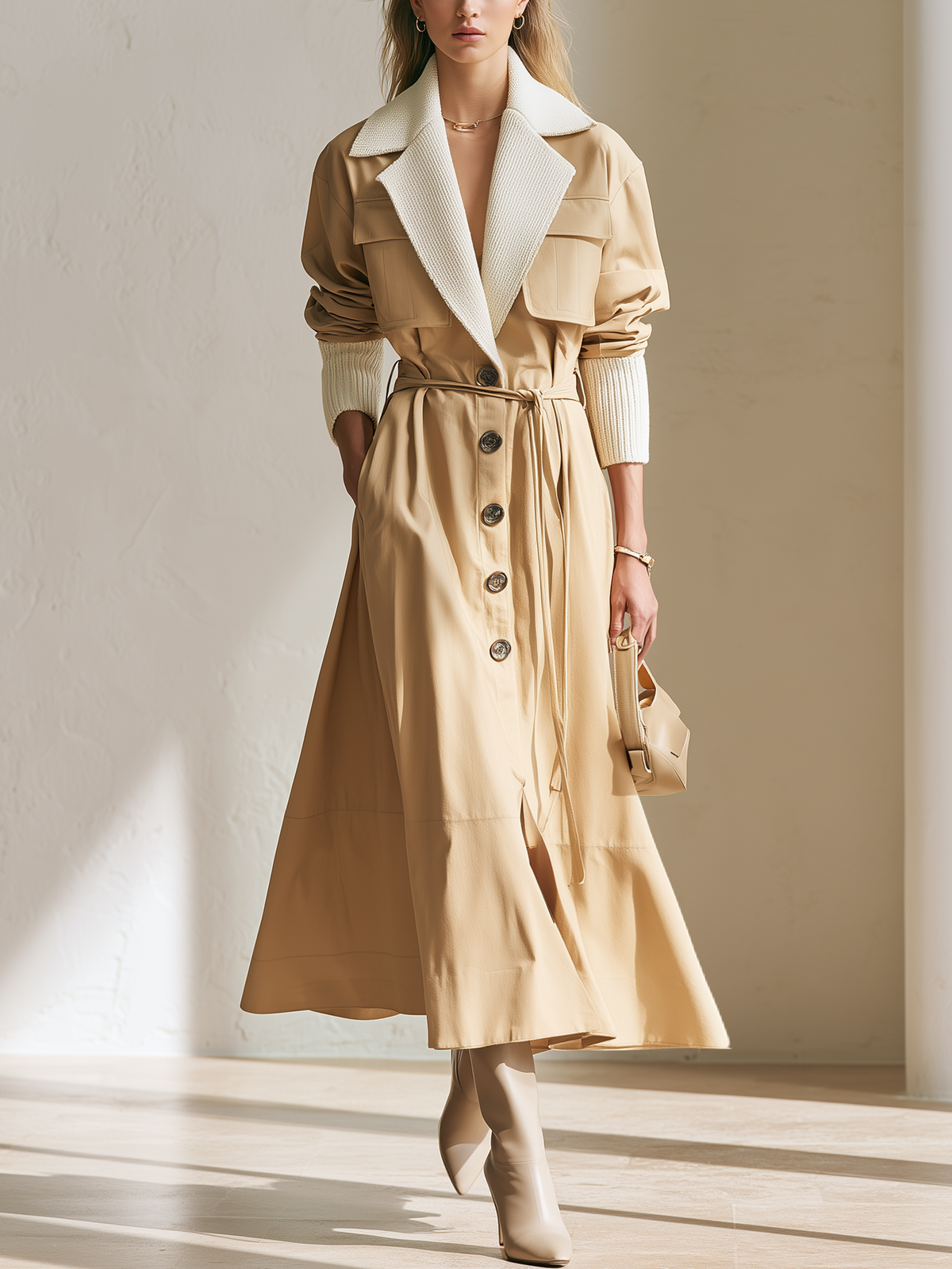Khaki Knit‑Contrast Lapel Belted Waist‑Defined Long Trench Coat
