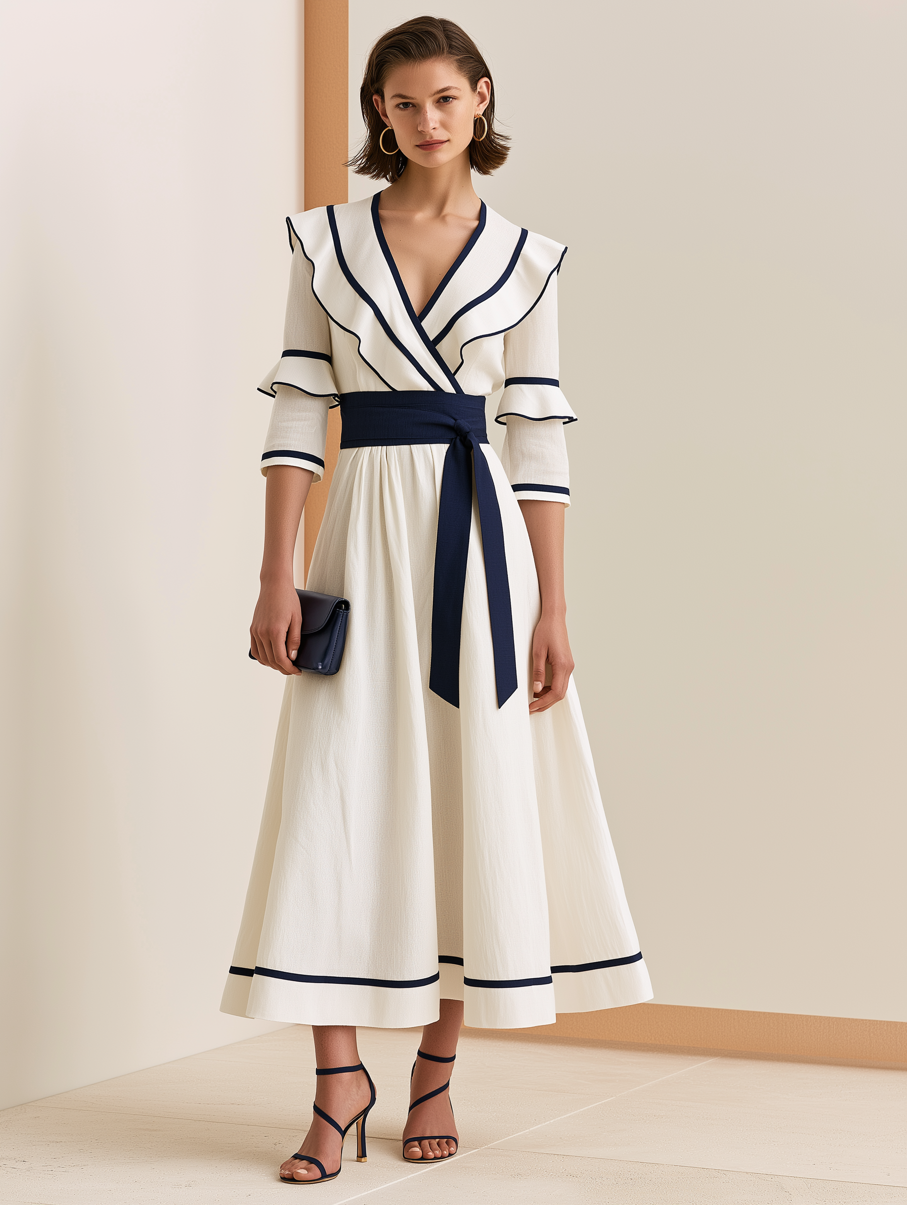 Elegant Off-White Navy Piped Elbow Tie Belt Relaxed Midi Dress