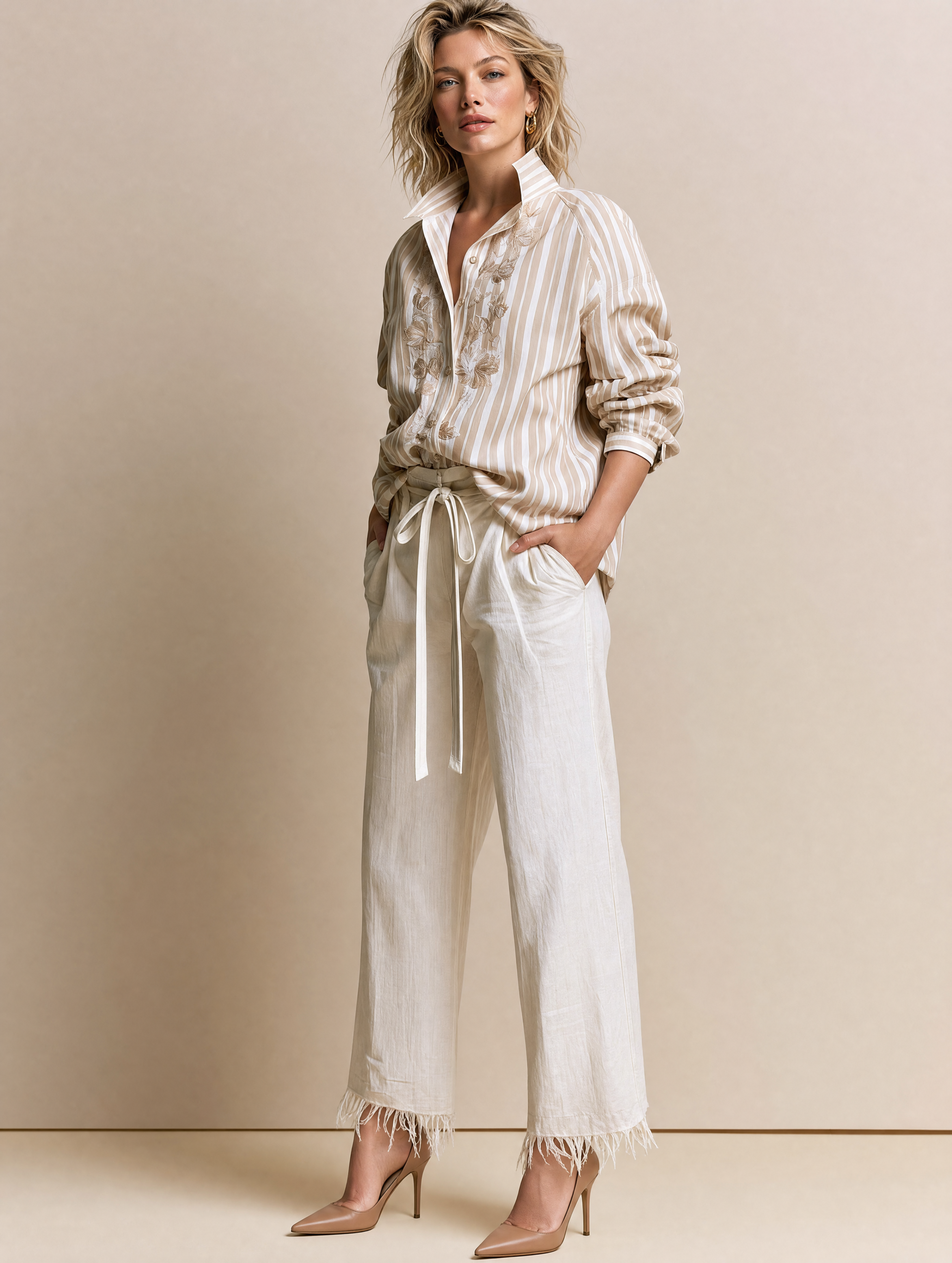 Beige Striped Floral Embroidered Button-Up Shirt