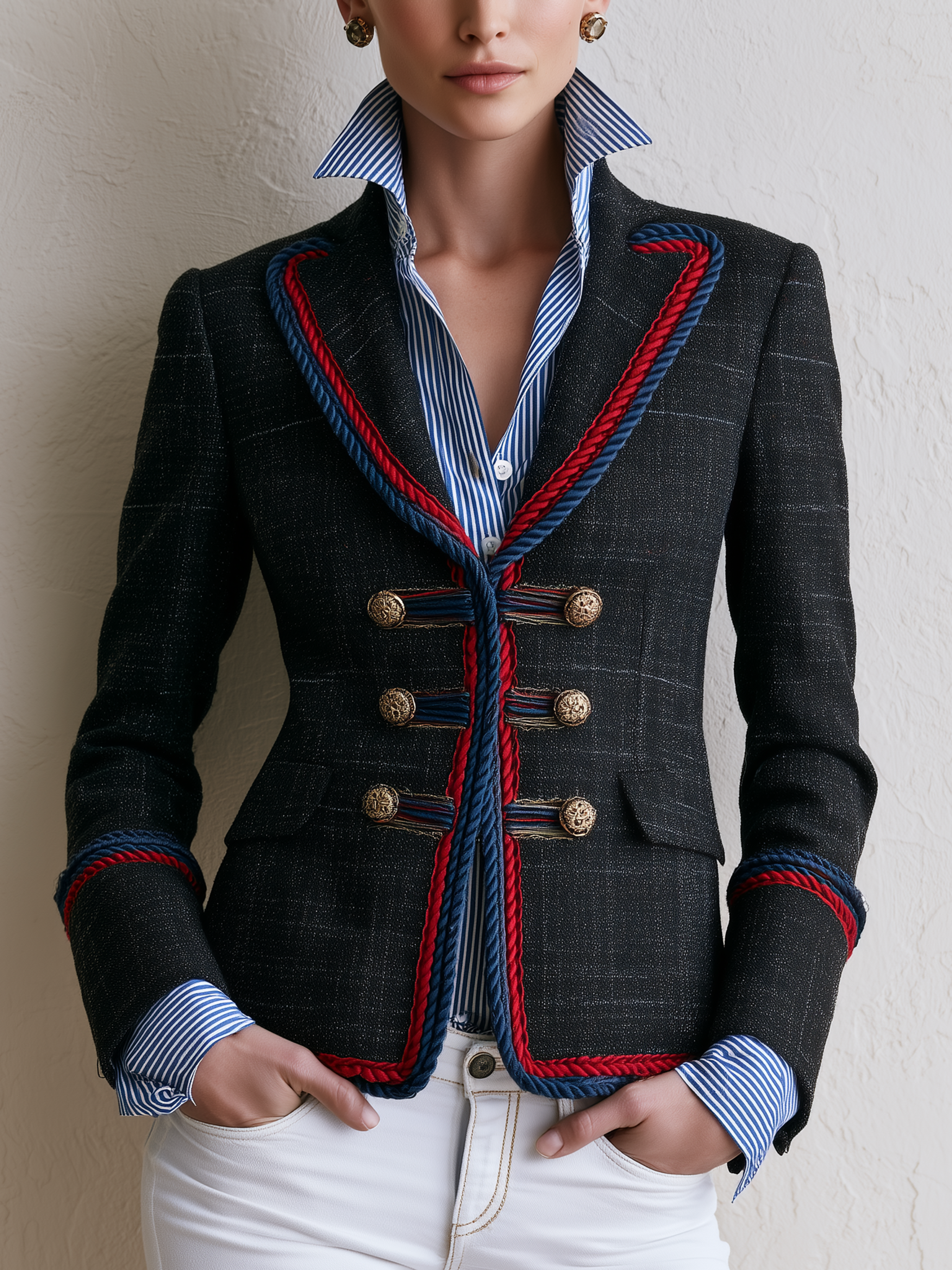 Black Tweed Trim‑Edged Waist‑Defined Short Blazer