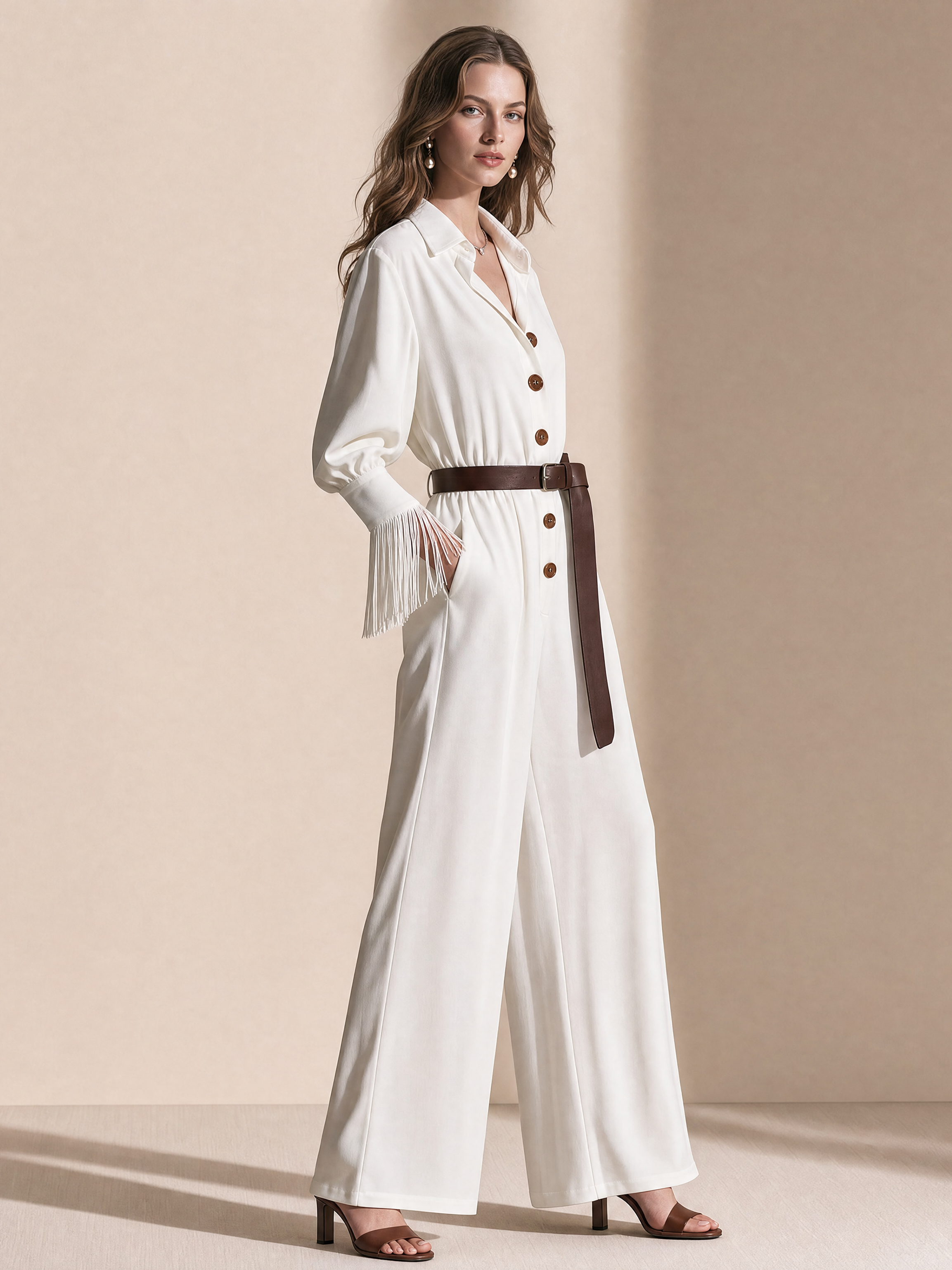 Elegant Ivory Fringe-Cuff Belted Wide-Leg Jumpsuit