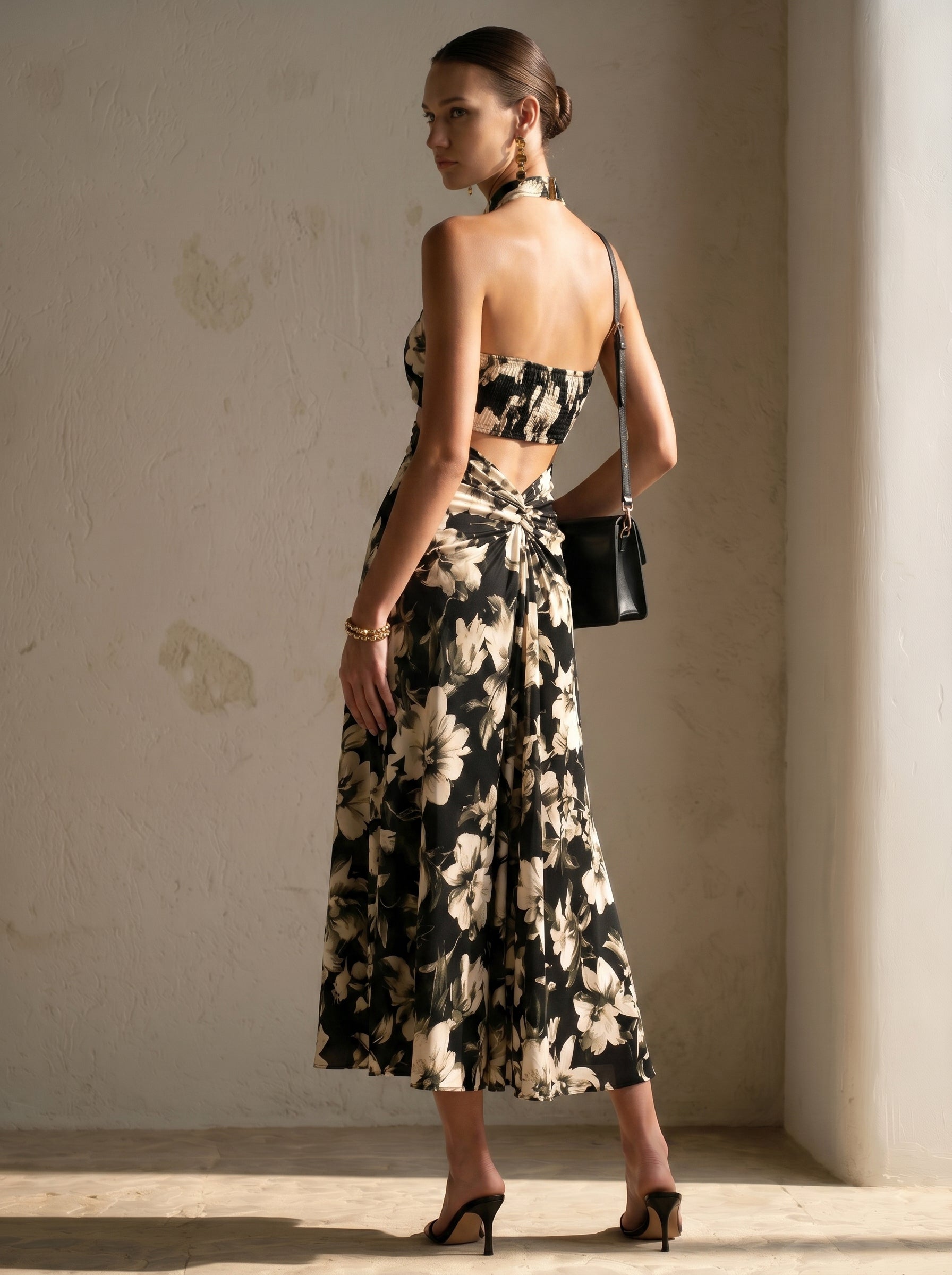 Floral Halter Neck Cutout Top & Skirt Set