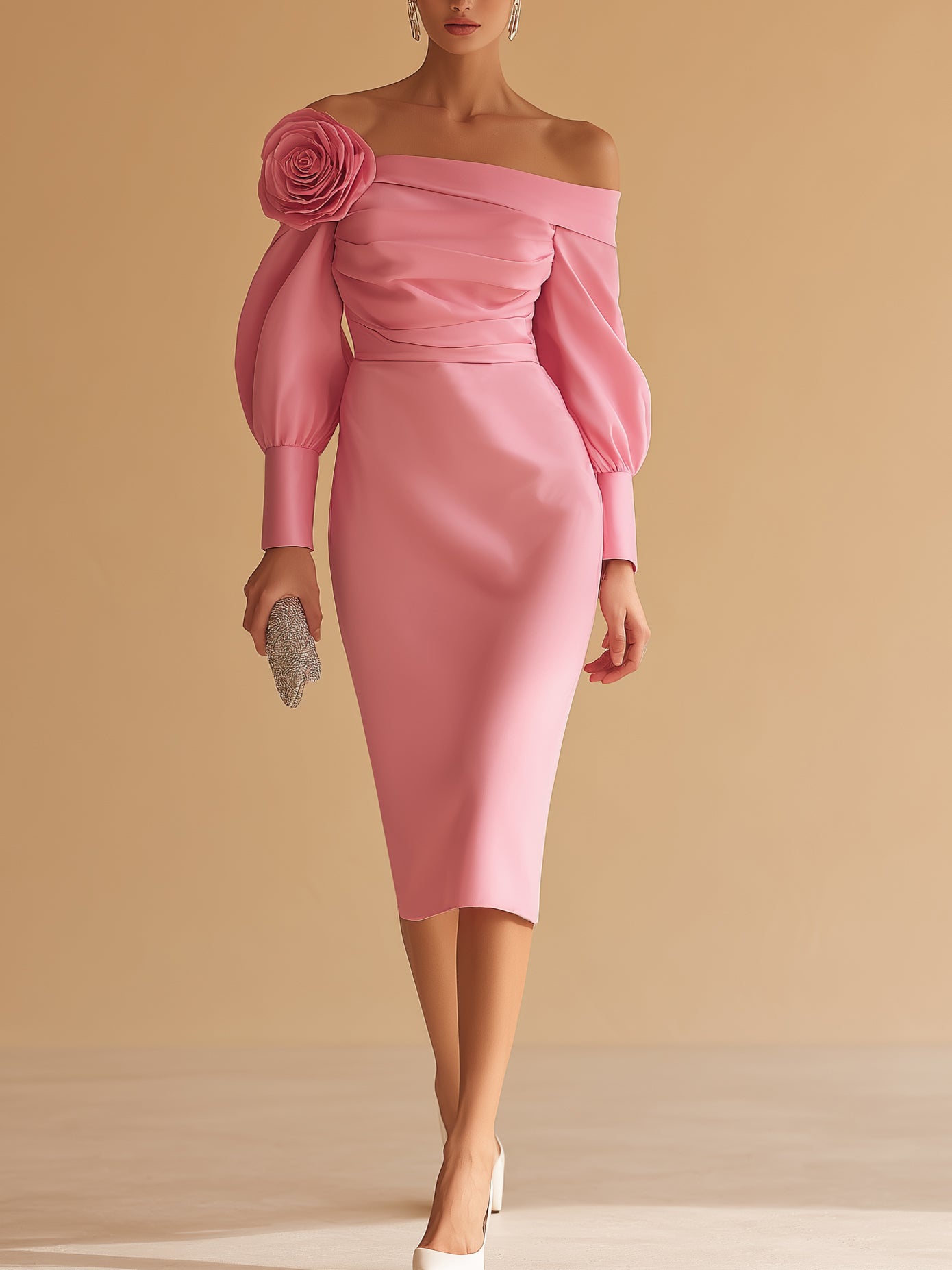 Robe midi de soirée Liserie à épaules dénudées, coupe ajustée, ornée d'appliqués de roses 3D et de manches ballon. 