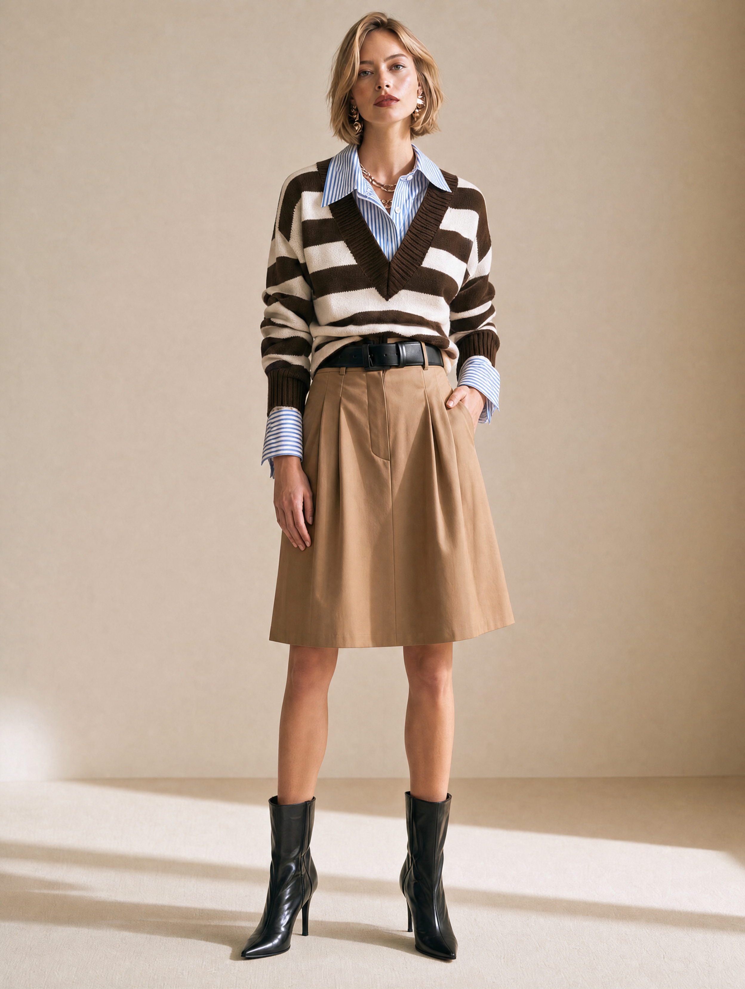 Brown And White Knit Top With A Blue And White Shirt (faux Two-piece Style)