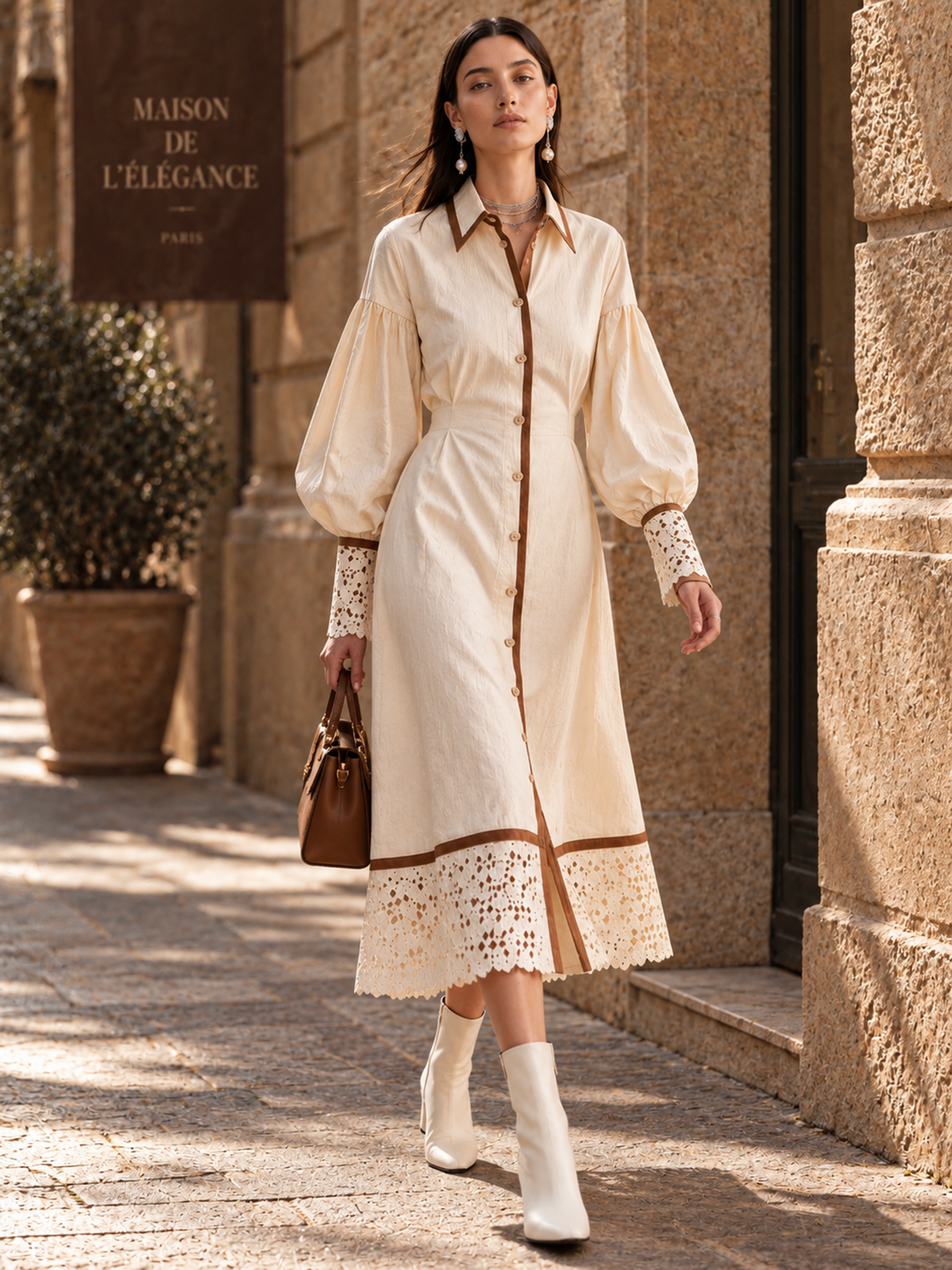 Elegant Ivory Brown-Trim Lace Shirt Dress