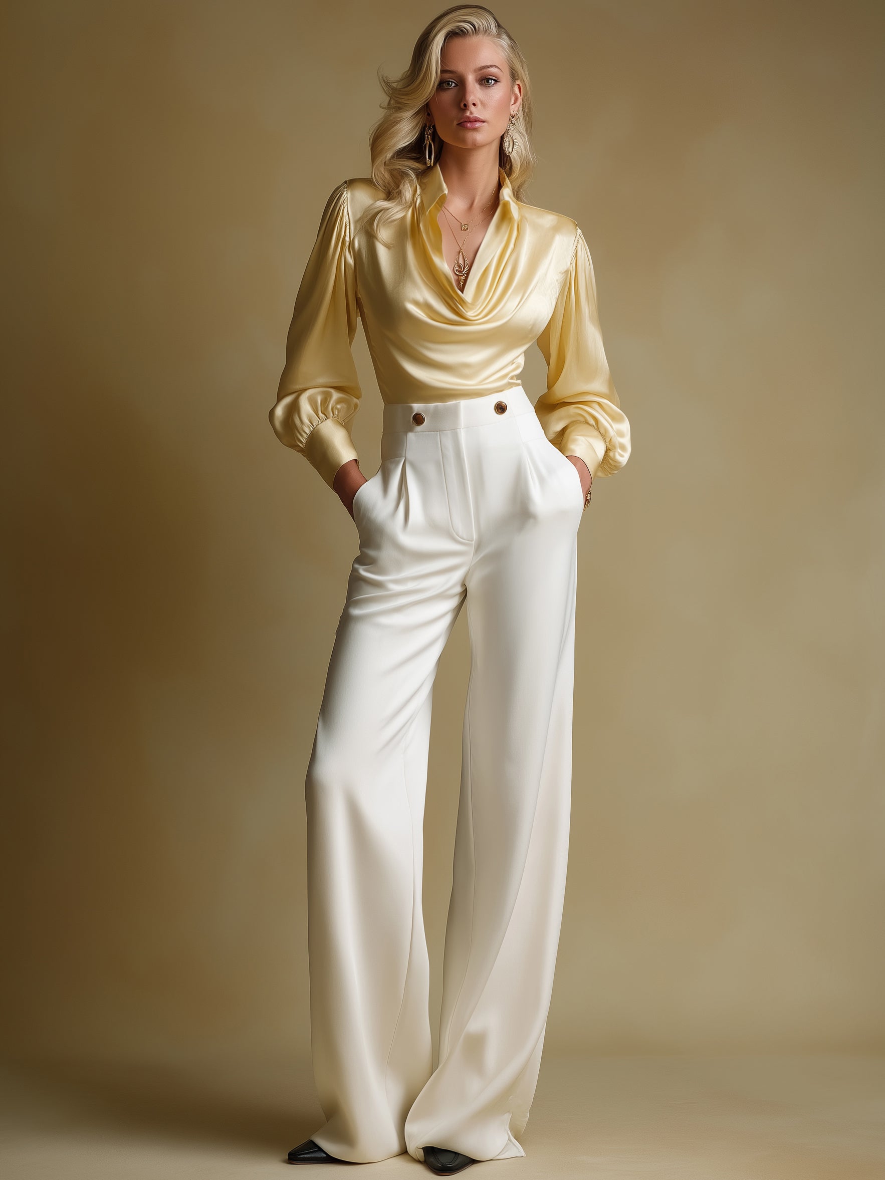 Liserie Sateng Skreddersydd Bluse med Cowl Neck og Høylivede Bukser med Vide Ben