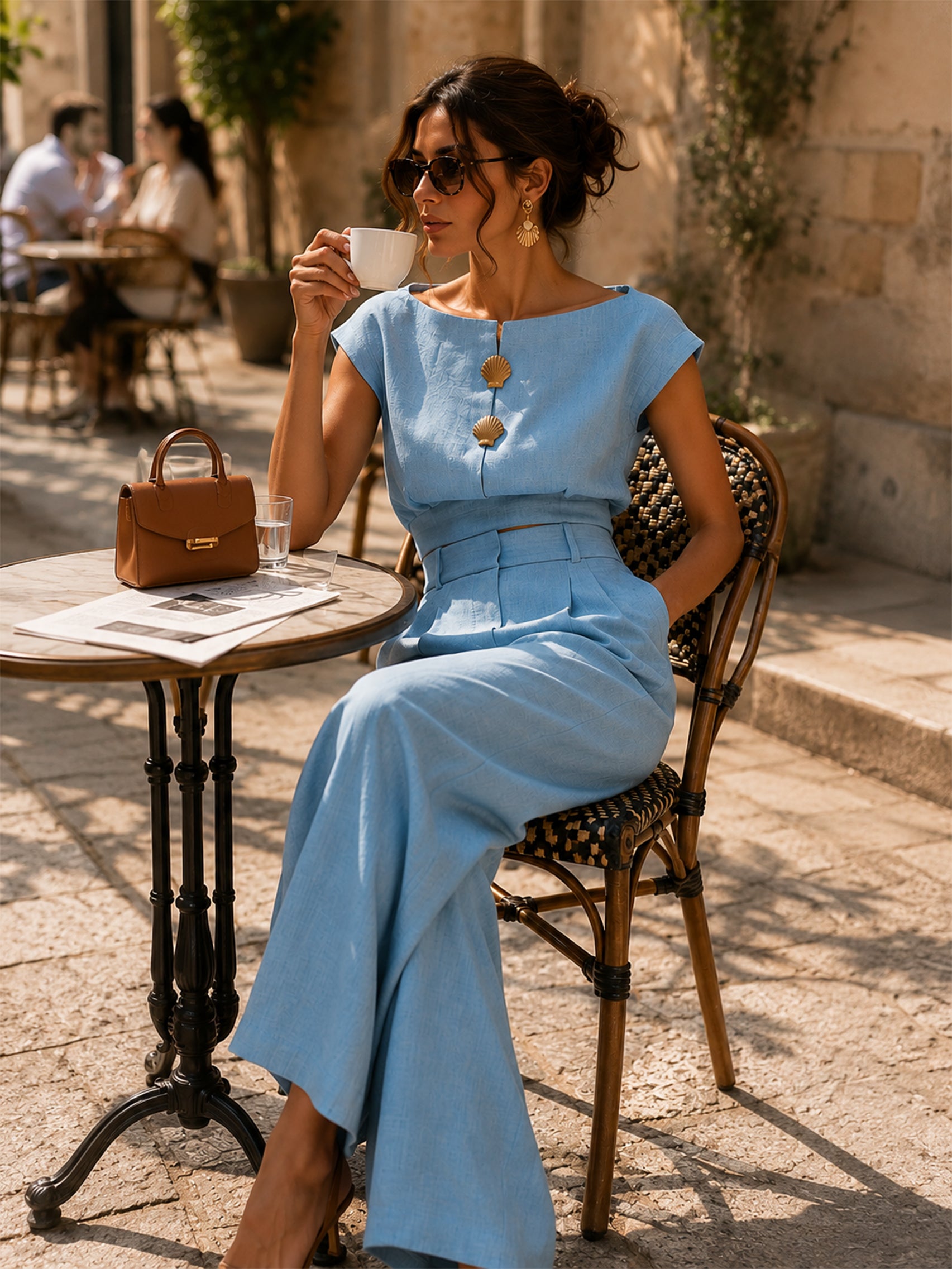 Liserie Light Blue Linen Two-Piece Co-Ord With Statement Buttons