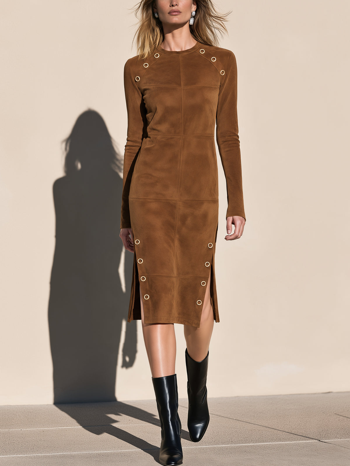 Caramel Long Sleeve Side Slits Midi Dress