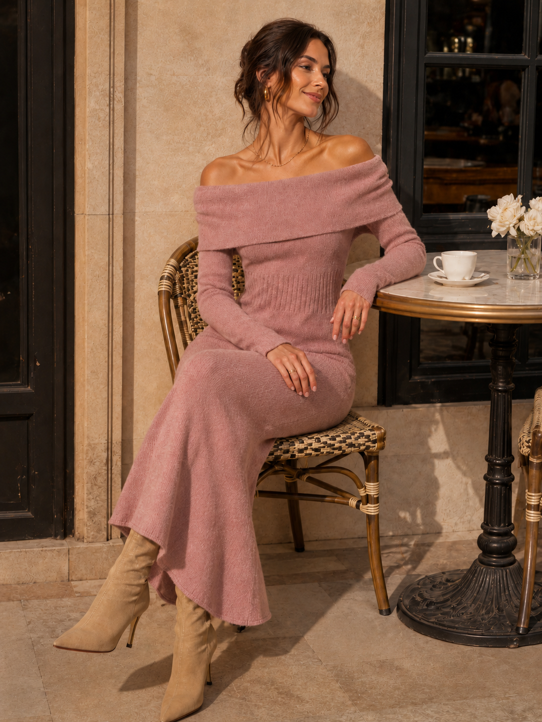 Pink Off-the-shoulder Collared Knit Dress