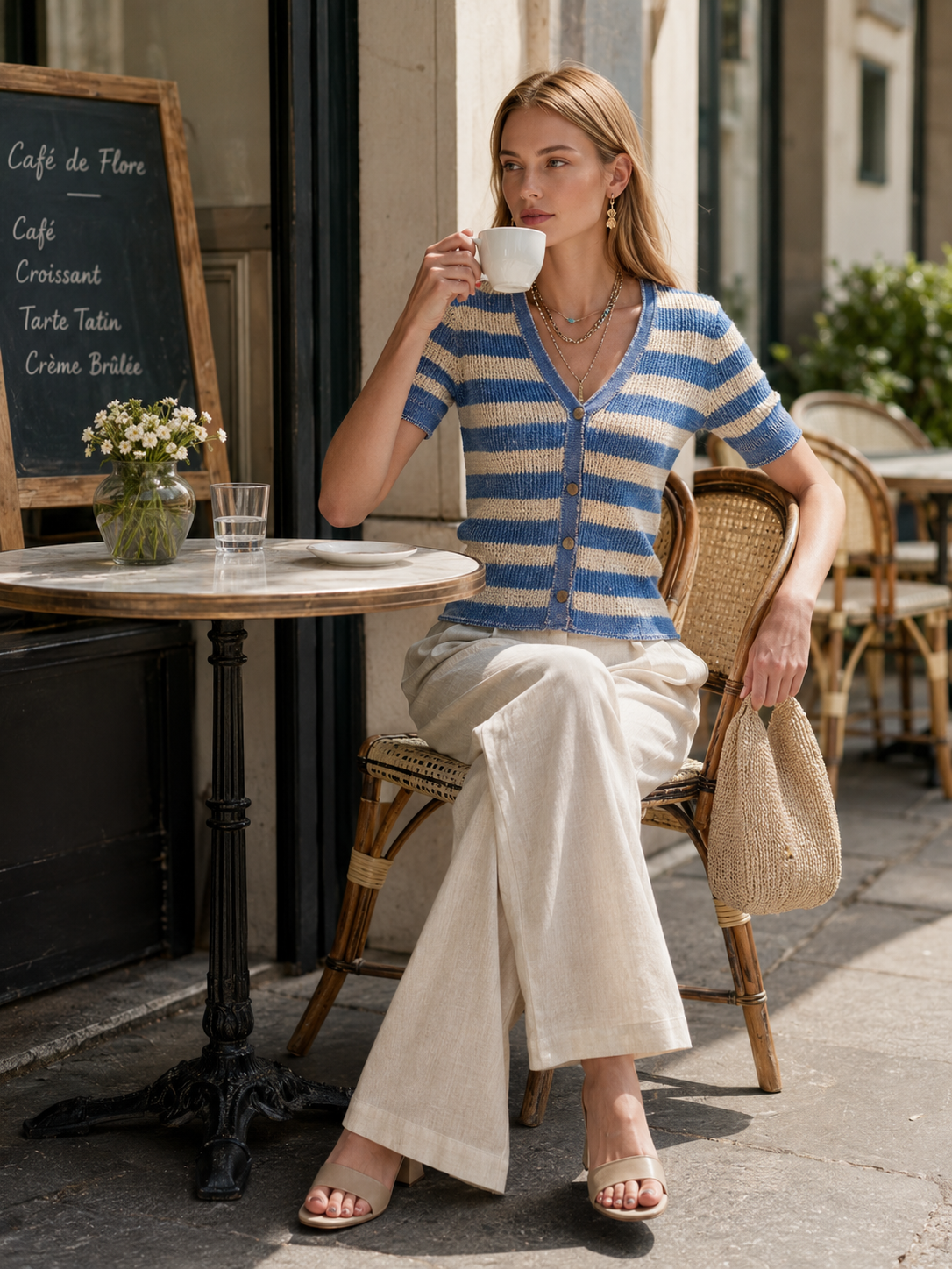 Blue And White Knitted Short-sleeve Cardigan Set