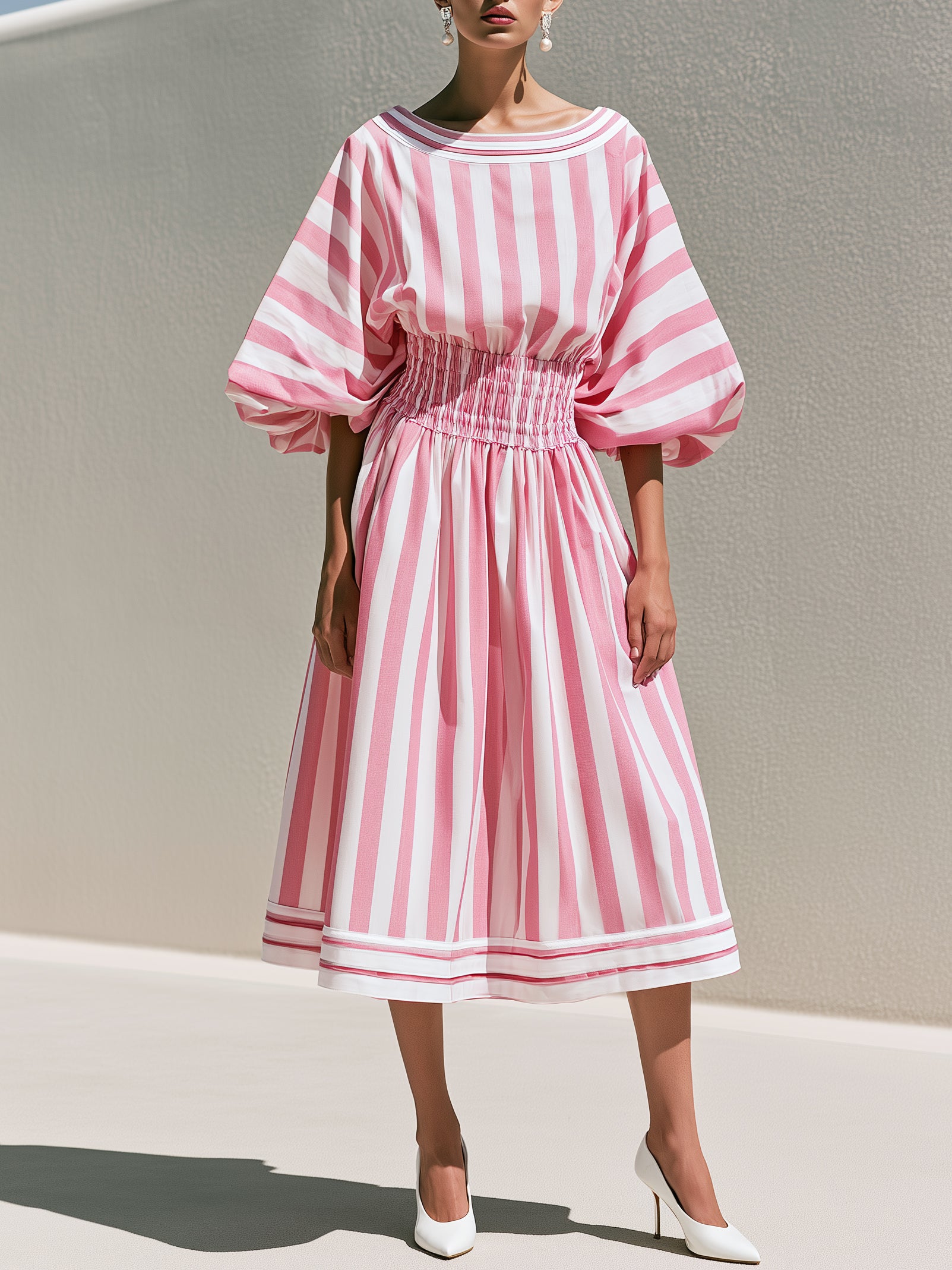 Pink Striped Smocked Waist Puff Sleeve Midi Dress