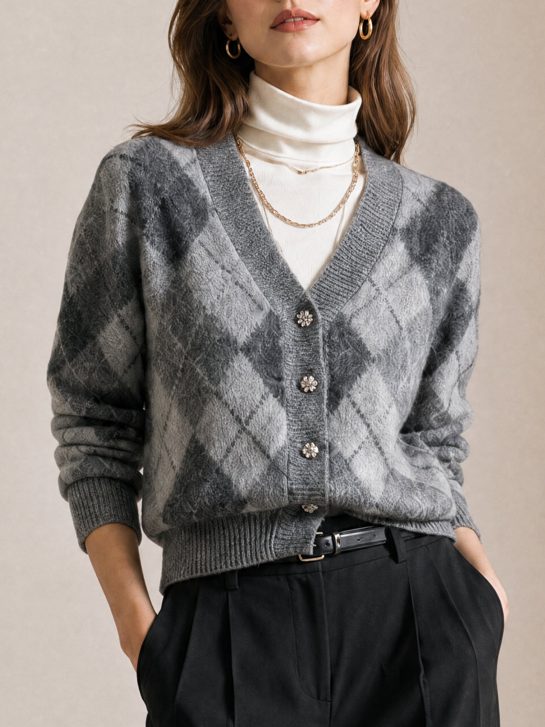 Grey Argyle V-Neck Button-Up Knit Cardigan With Rhinestone Buttons