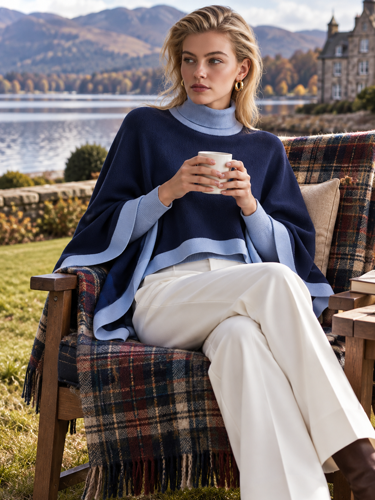 Navy Light Blue Turtleneck Poncho Knit Sweater