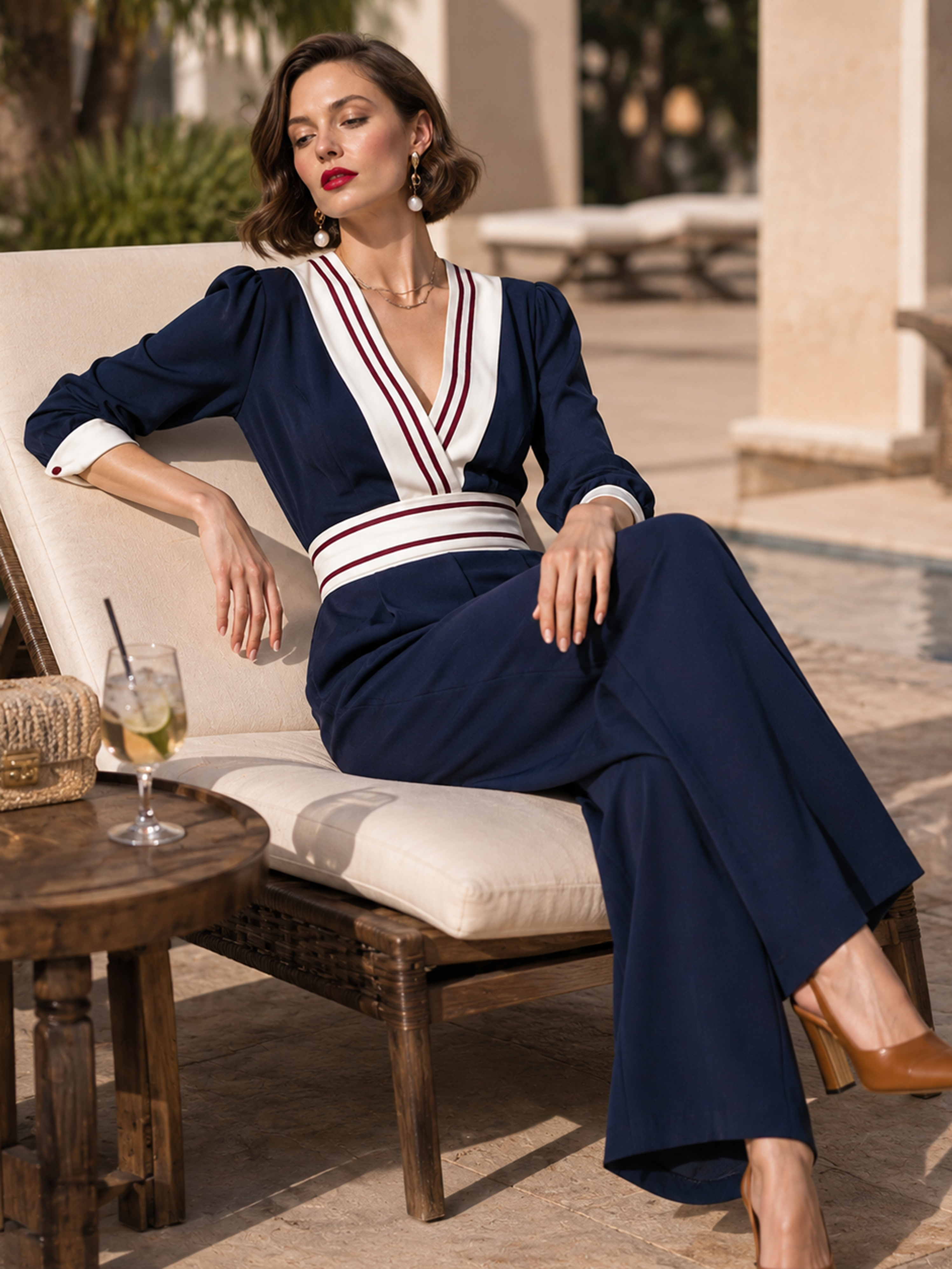 Elegant Navy, Ivory & Burgundy Contrast Wide-Leg Jumpsuit