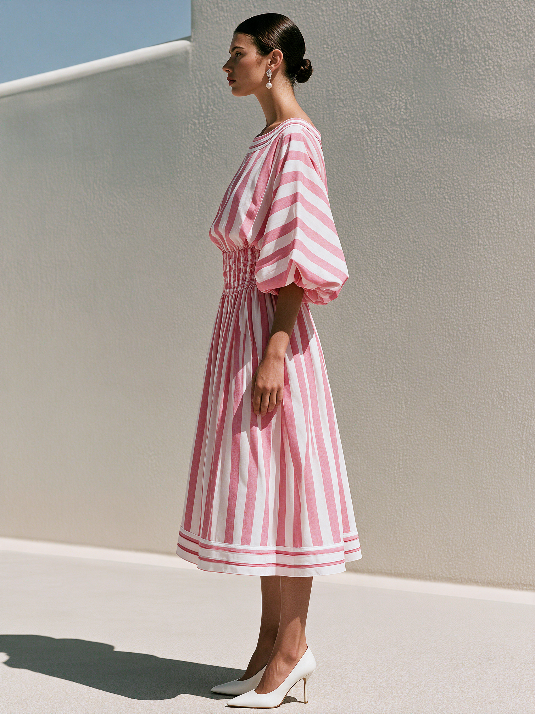 Pink Striped Smocked Waist Puff Sleeve Midi Dress