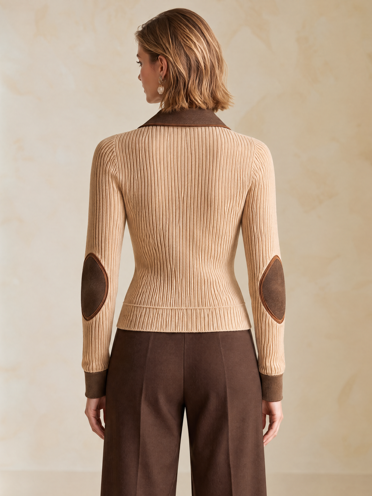 Elegant Khaki Wool Knit Cardigan With Brown Denim Contrast Panels