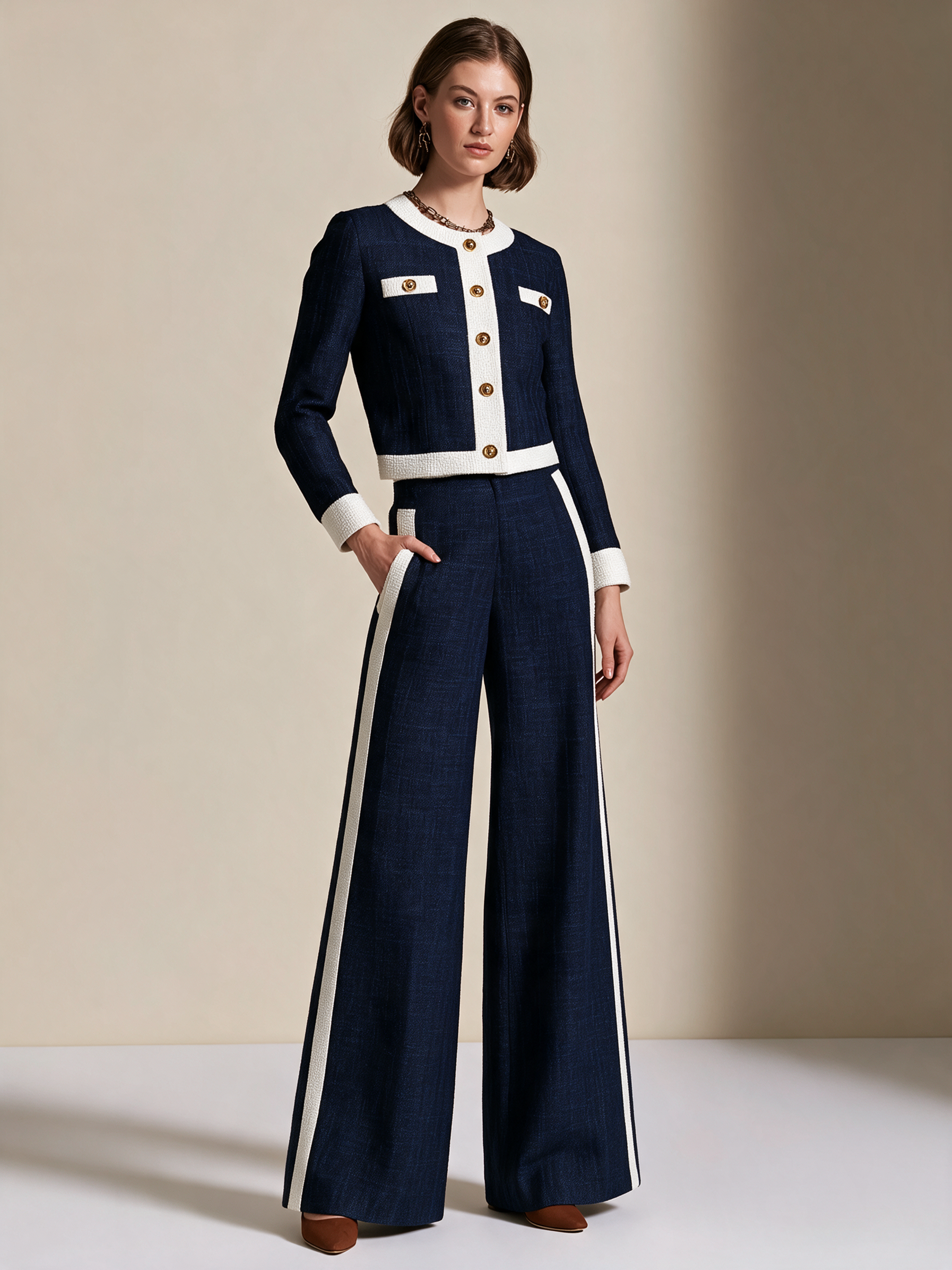 Elegant Navy & Ivory Contrast Tweed Wide-Leg Pants