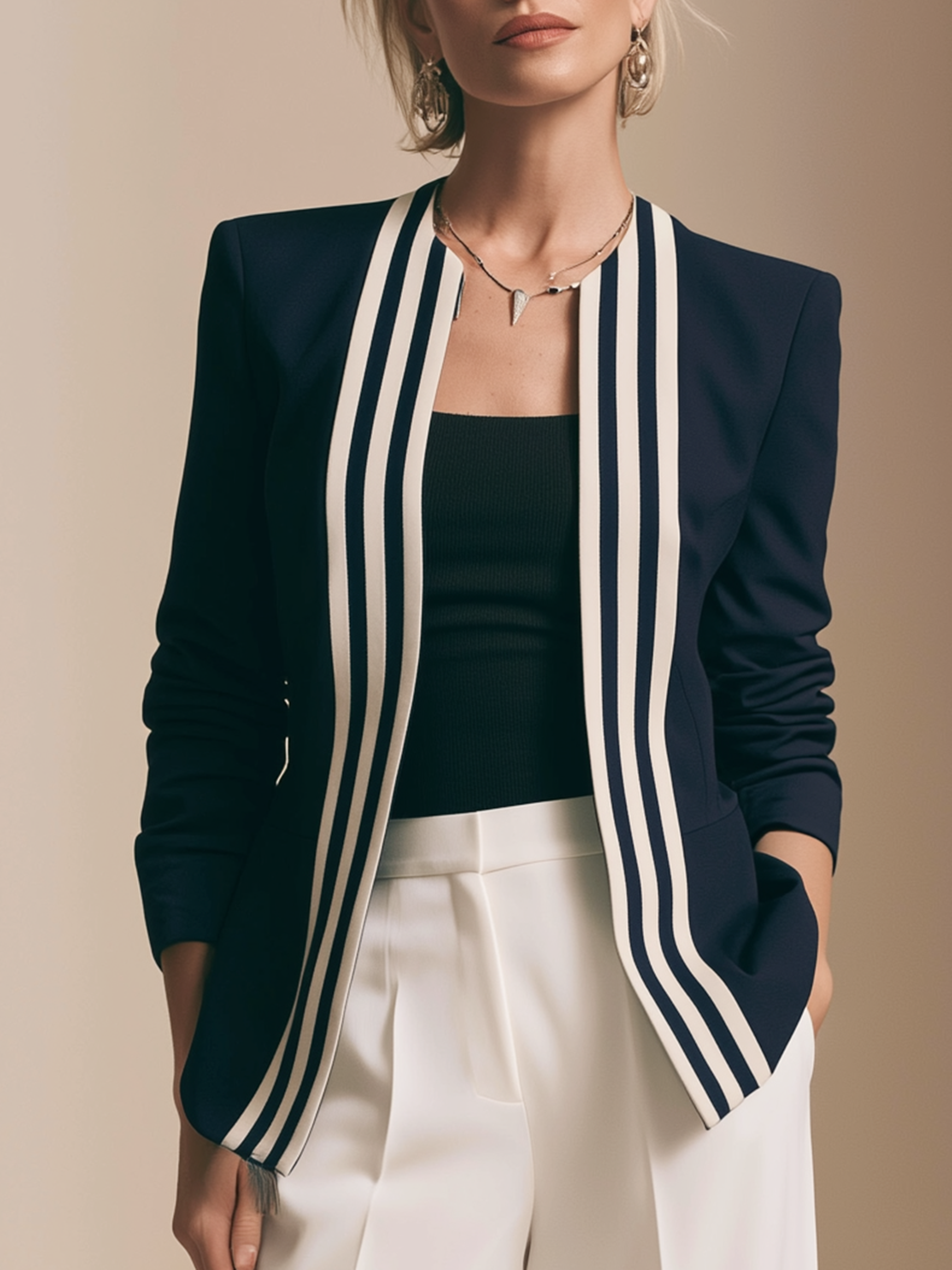 Elegant Navy & Ivory Stripe Contrast Blazer