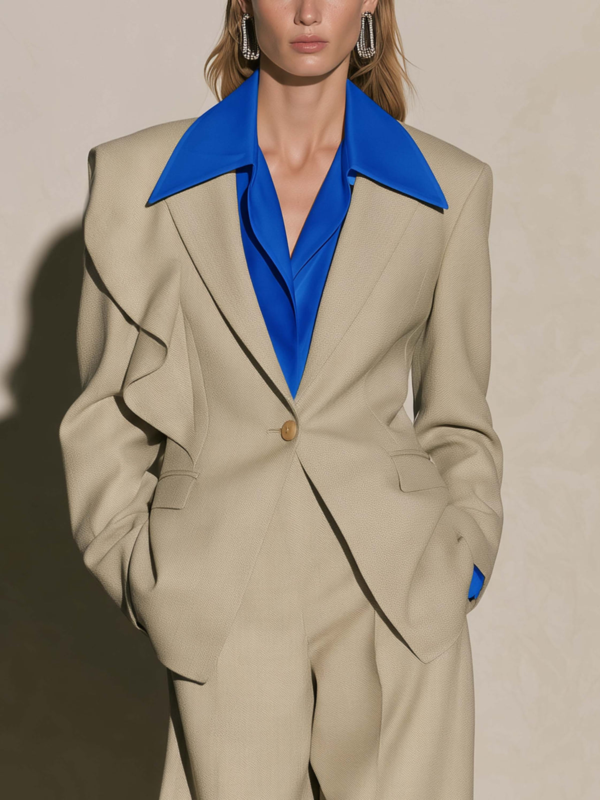 Oat One-Side Ruffle One Button Fitted Blazer