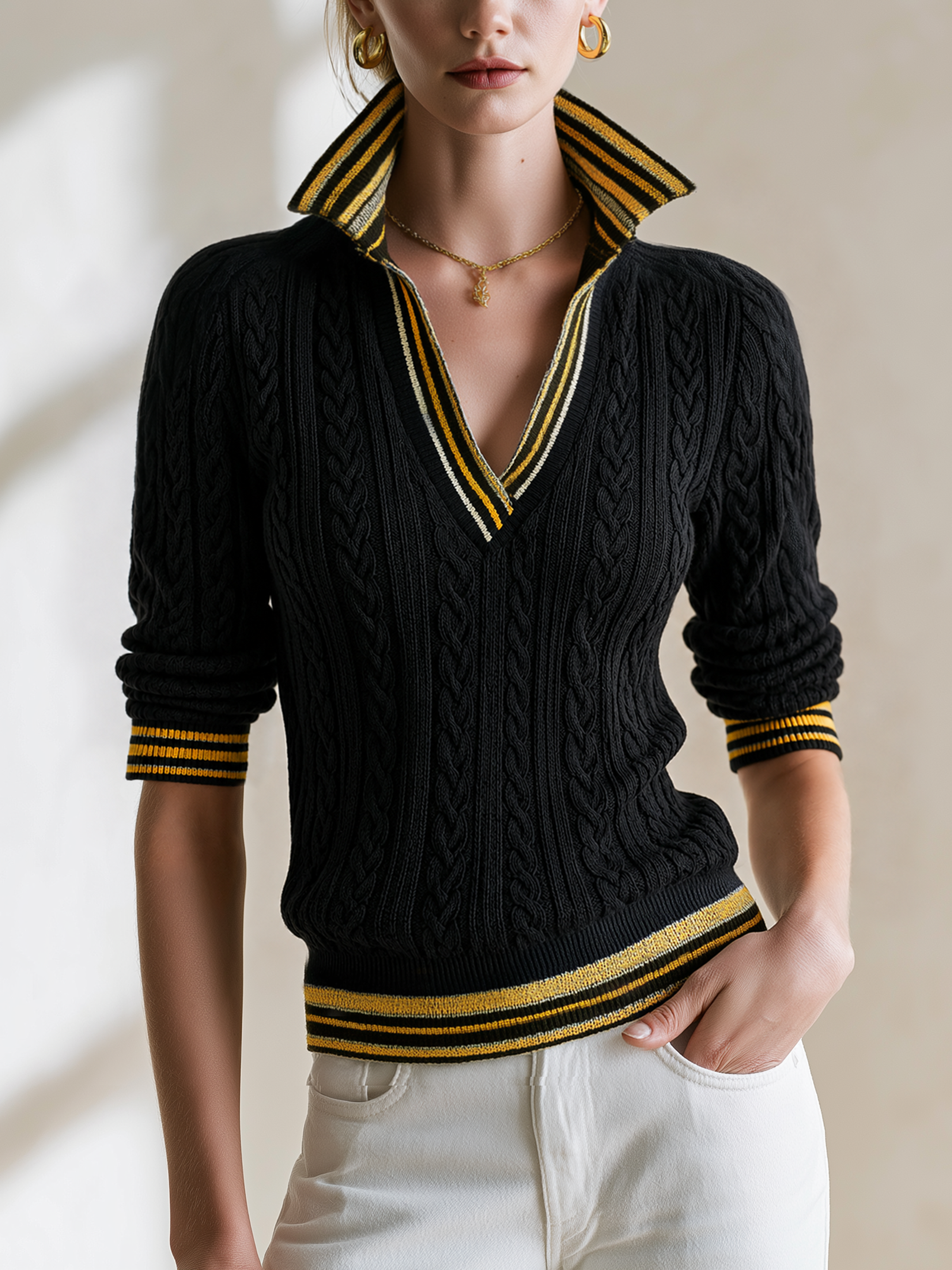 Contrast‑Stripe Trim V‑Neck Cable‑Knit Pullover