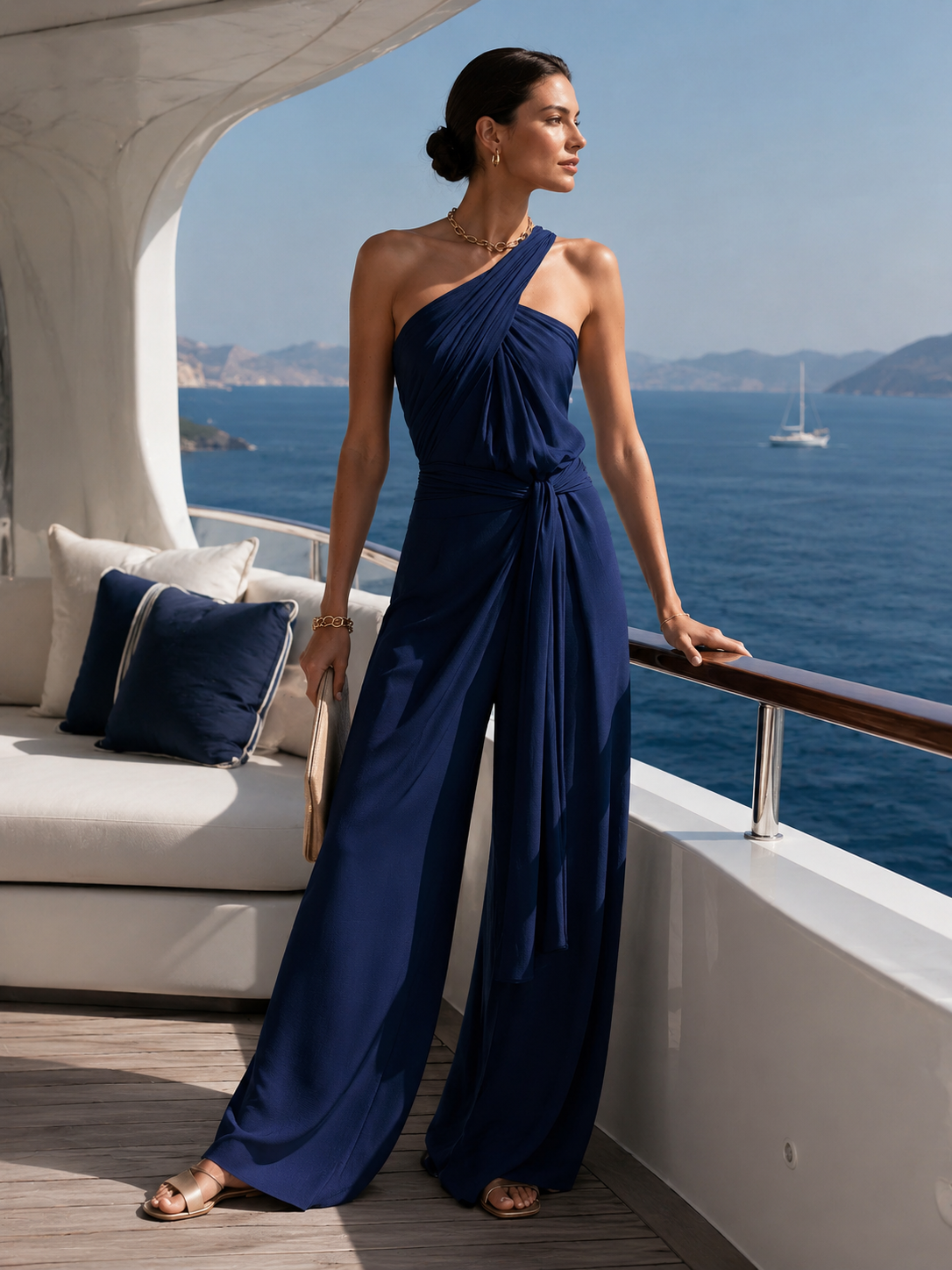 Liserie Midnight Blue Draped Wide-Leg Jumpsuit