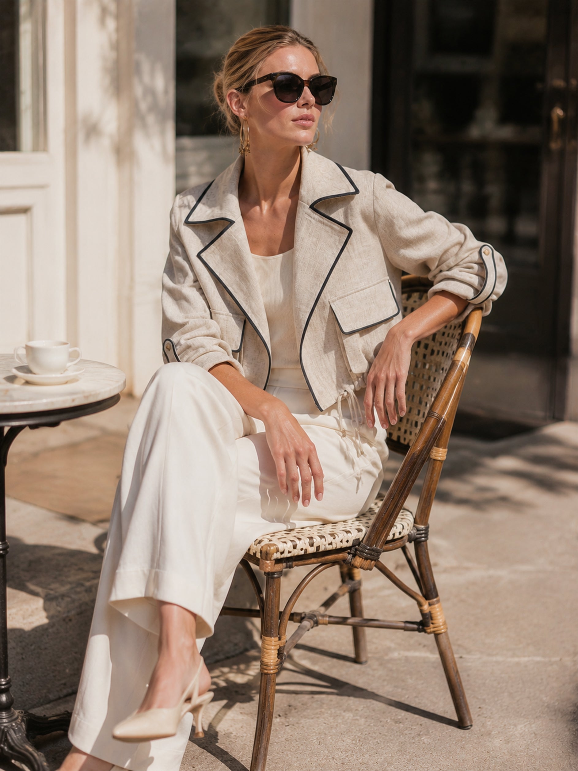 Tailored Linen Notch-Lapel Contrast-Piped  Cropped Jacket