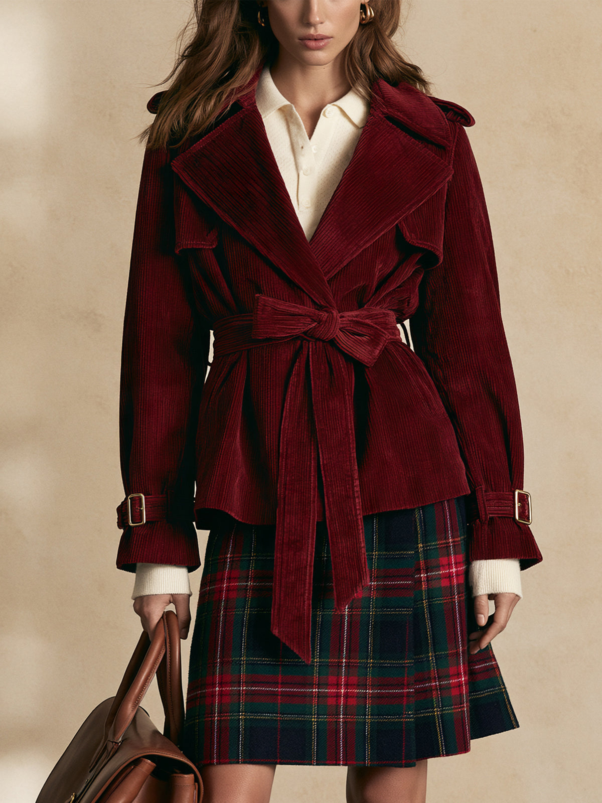 Burgundy Corduroy Belted Wrap Trench Jacket Outerwear