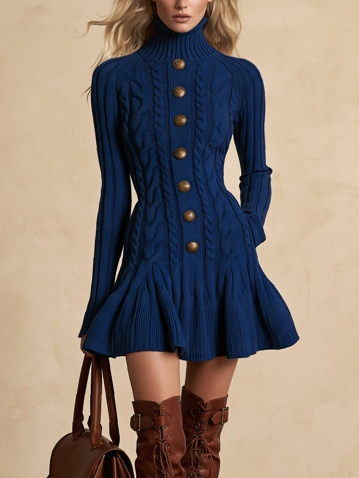 Blue Cable-Knit Turtleneck Pleated Mini Sweater Dress