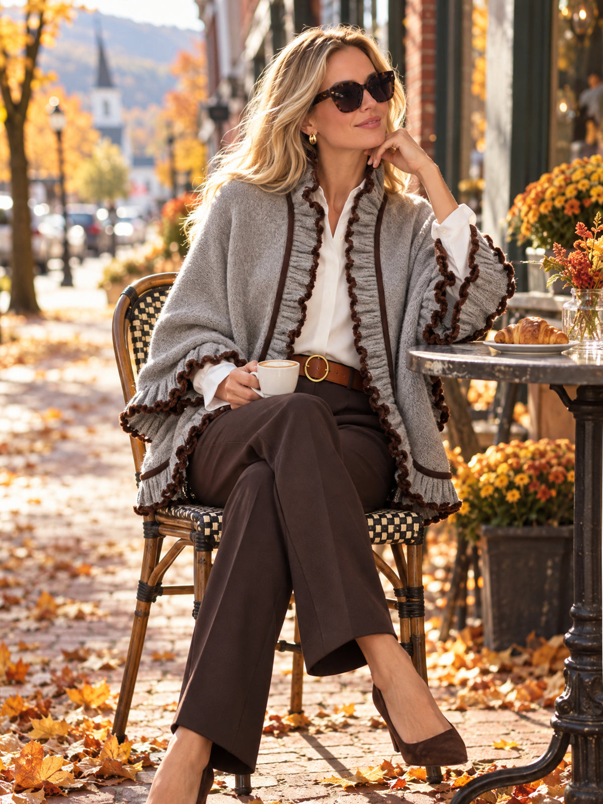 Ruffled Trim Knit Poncho Cardigan
