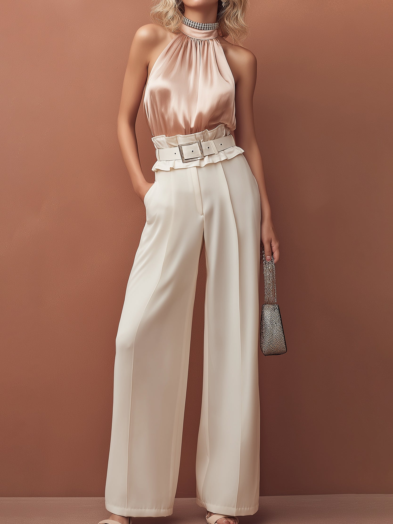 Ensemble Liserie composé d'un haut dos nu en satin et d'un pantalon large à taille fluide-Vêtements de travail