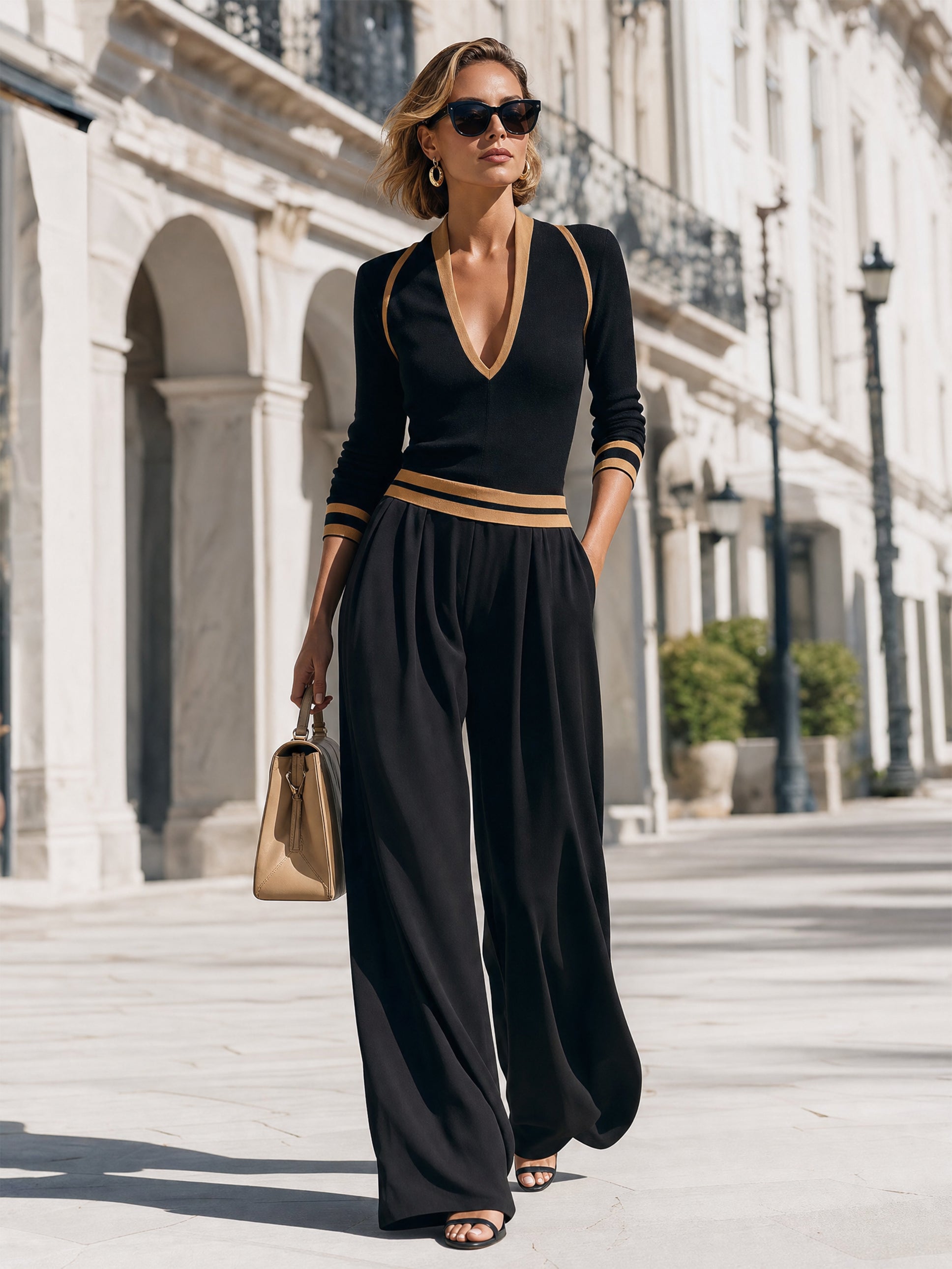Contrast‑Trim Knit Top & Wide‑Leg Trousers Set