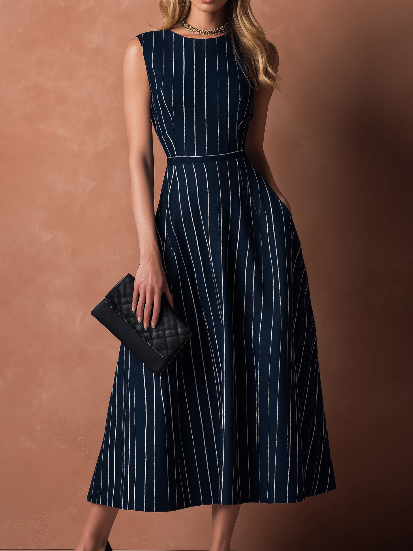 Robe midi de bureau à rayures effet pinceau en coton et lin taillé Liserie