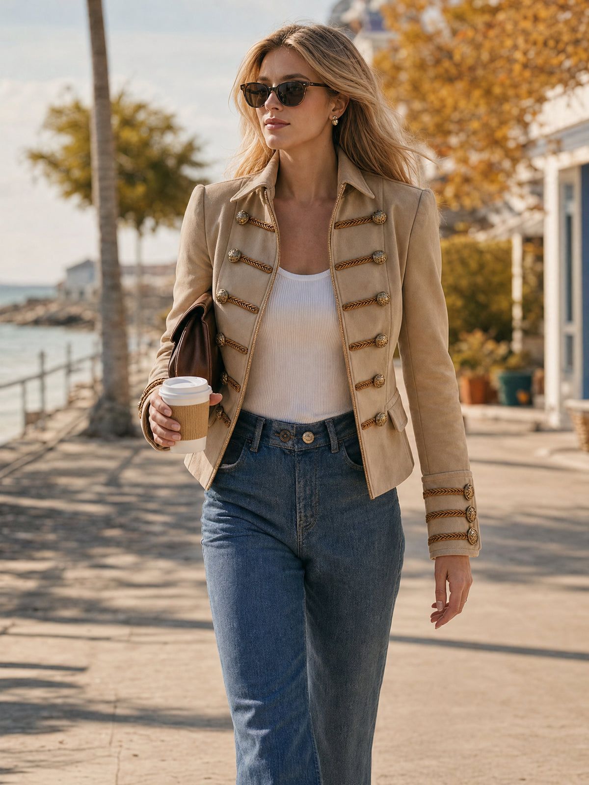 Braided‑Trim Military Tailored Suede Jacket
