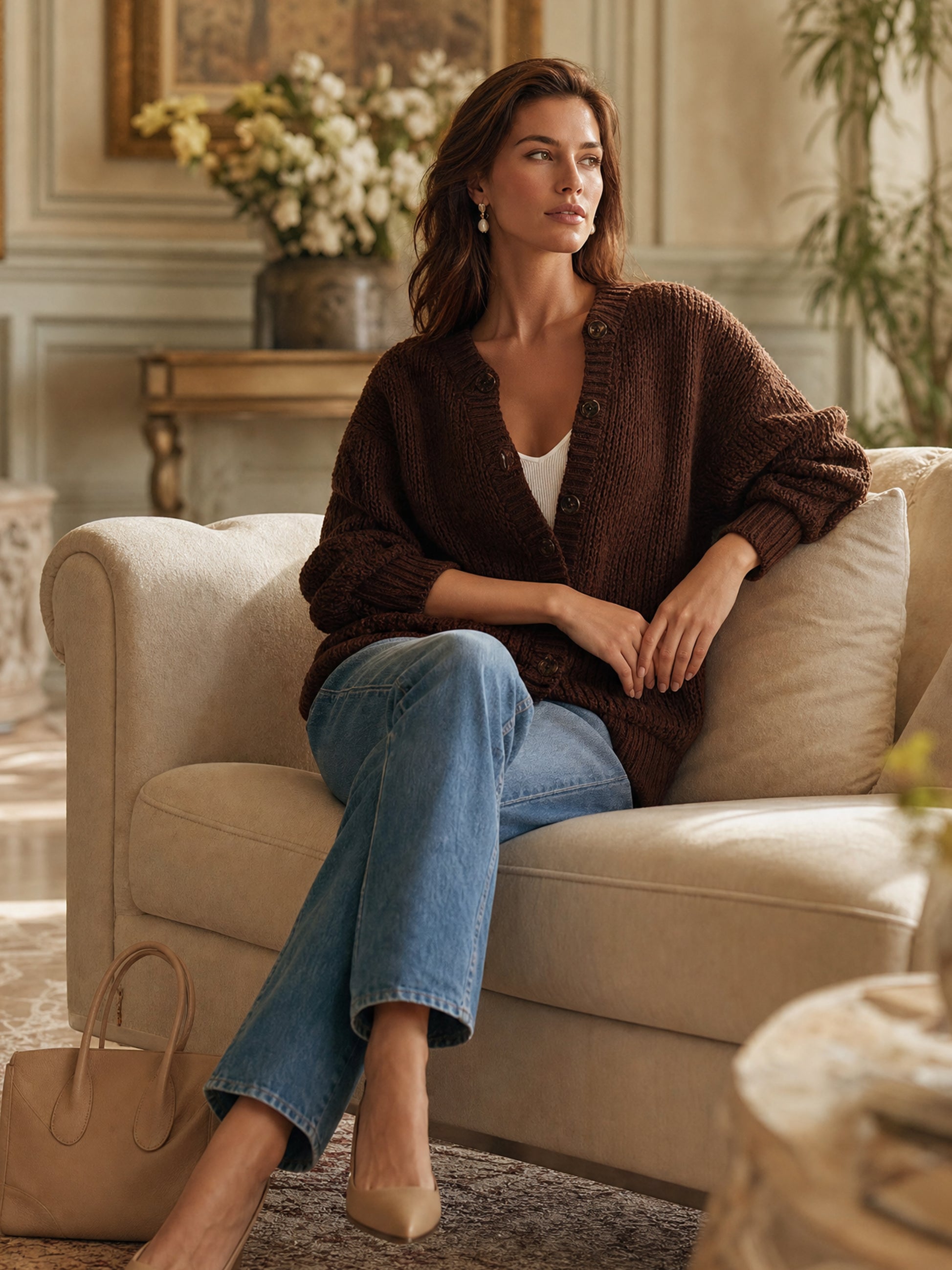 Chocolate Open Knit Oversized Long Sleeve Cardigan Jacket