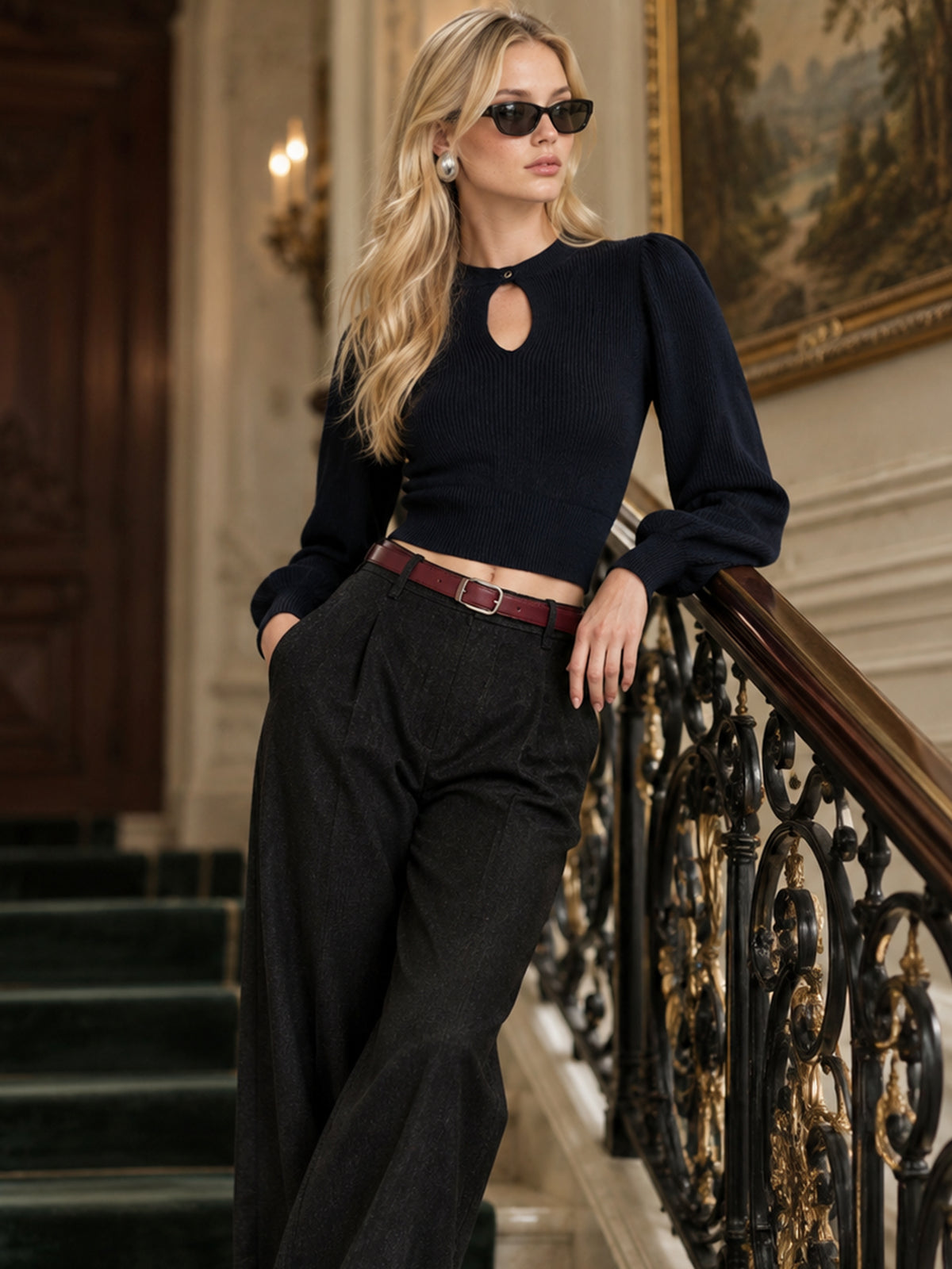 Navy Knit Keyhole Neck Long Sleeve Cropped Sweater