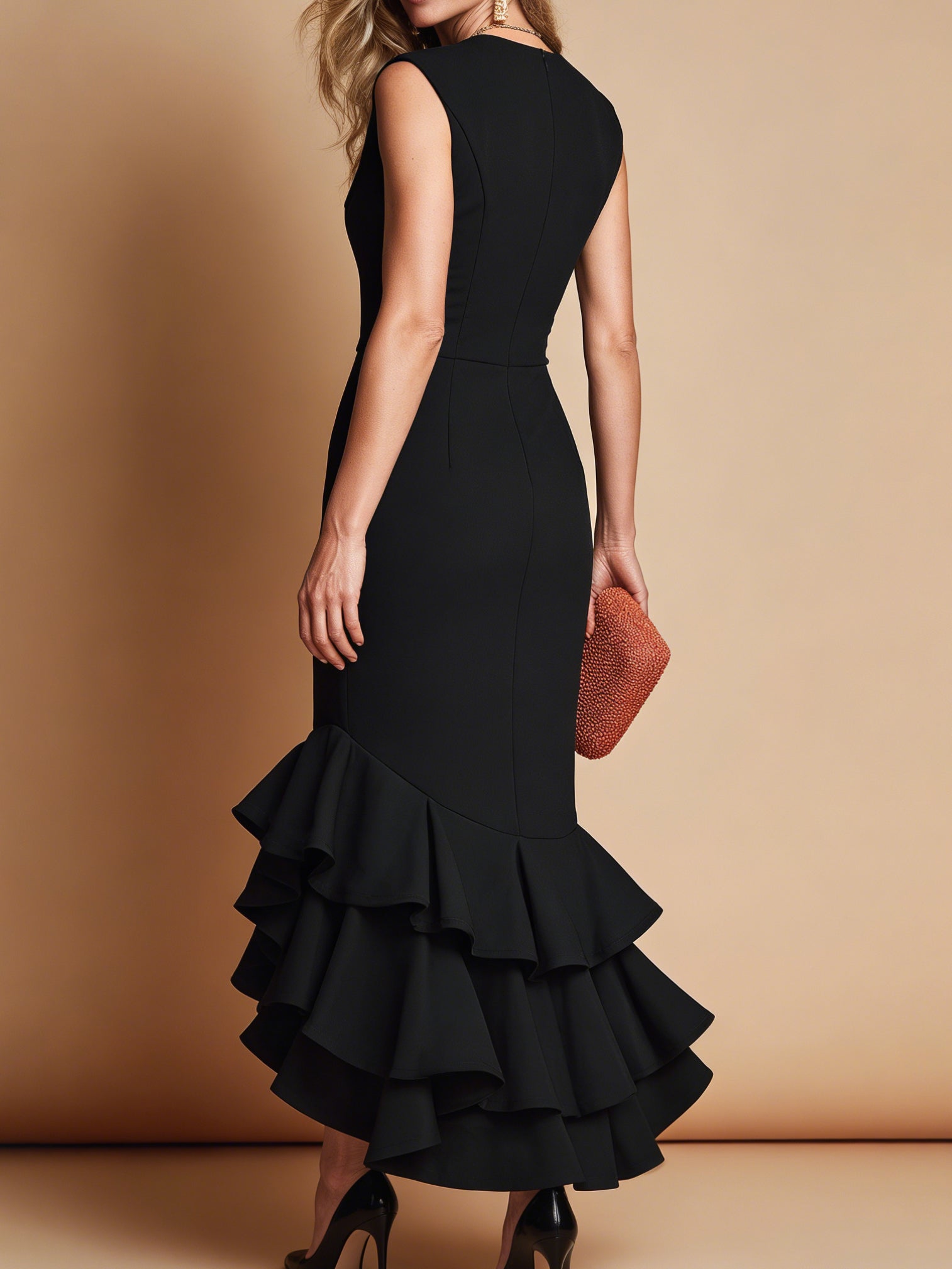 Robe longue de soirée sirène noire sans manches à volants Liserie