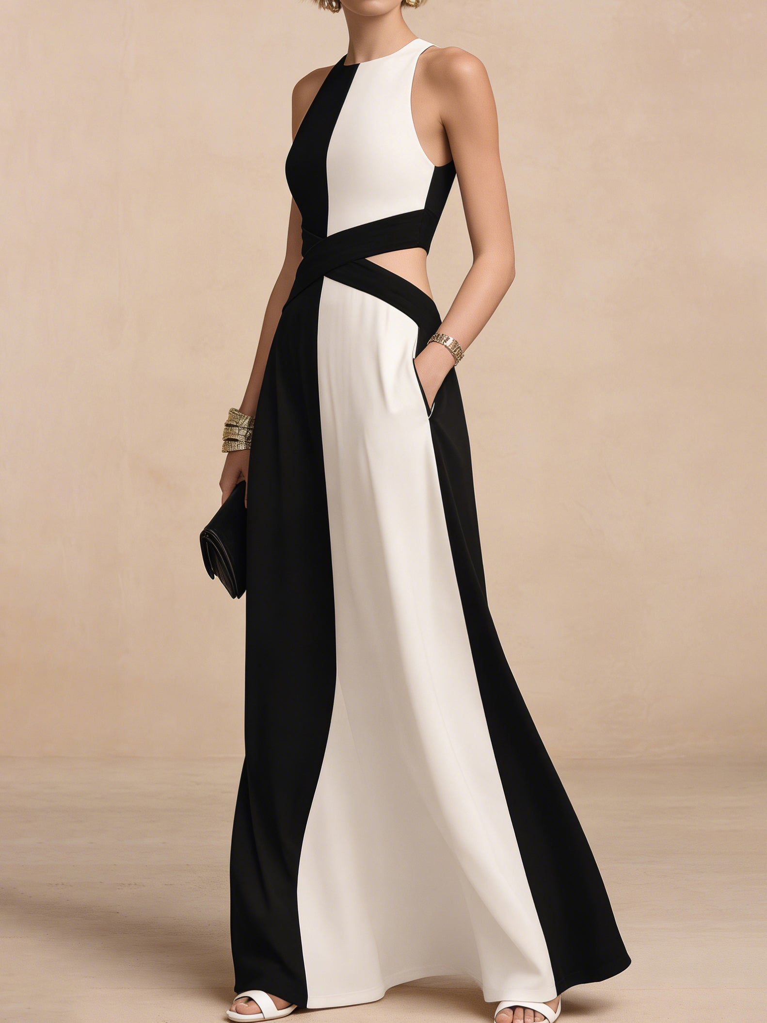 Robe longue de soirée élégante Liserie, contraste noir et blanc