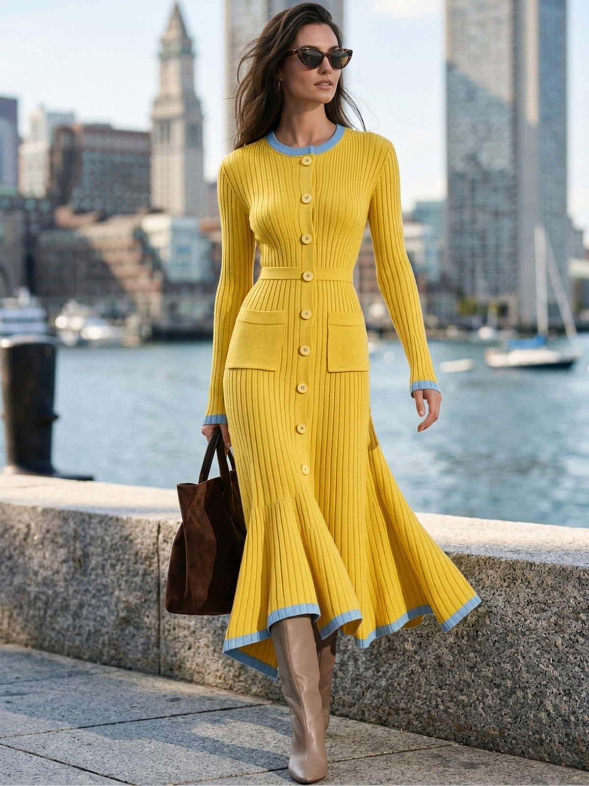 Yellow Contrast Trim Ribbed Knit Midi Dress